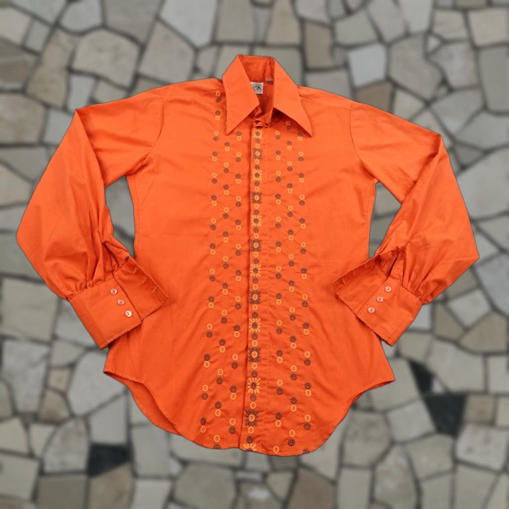 VINTAGE Tiberio for McGregor Shirt Mens Small Orange Floral Embroidered Disco 70s Button-Up Long Sleeve