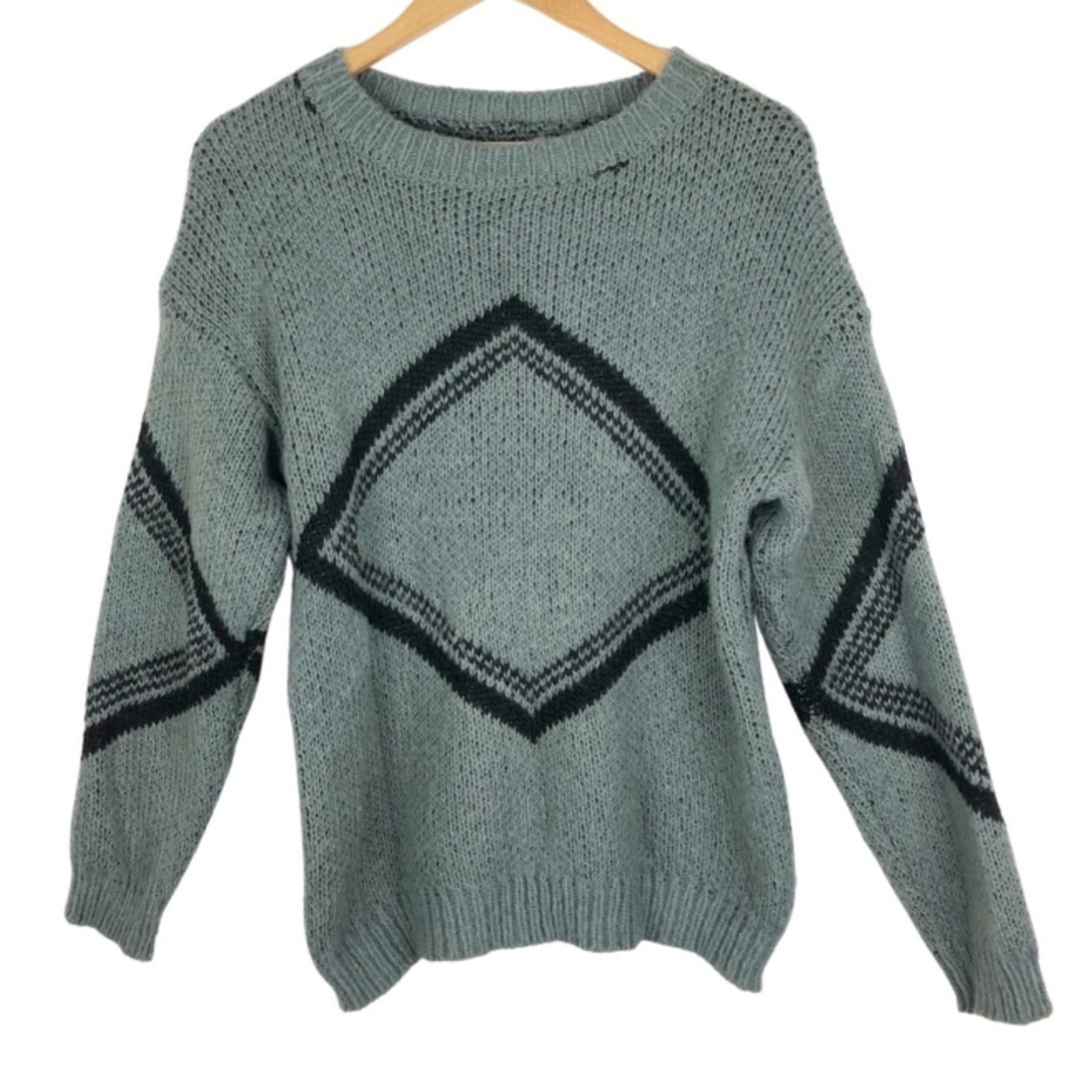 Other Handmade Knit Women’s Grey Geometric Retro Pullover Sweater Size L / US 10 / IT 46 - 2 Thumbnail