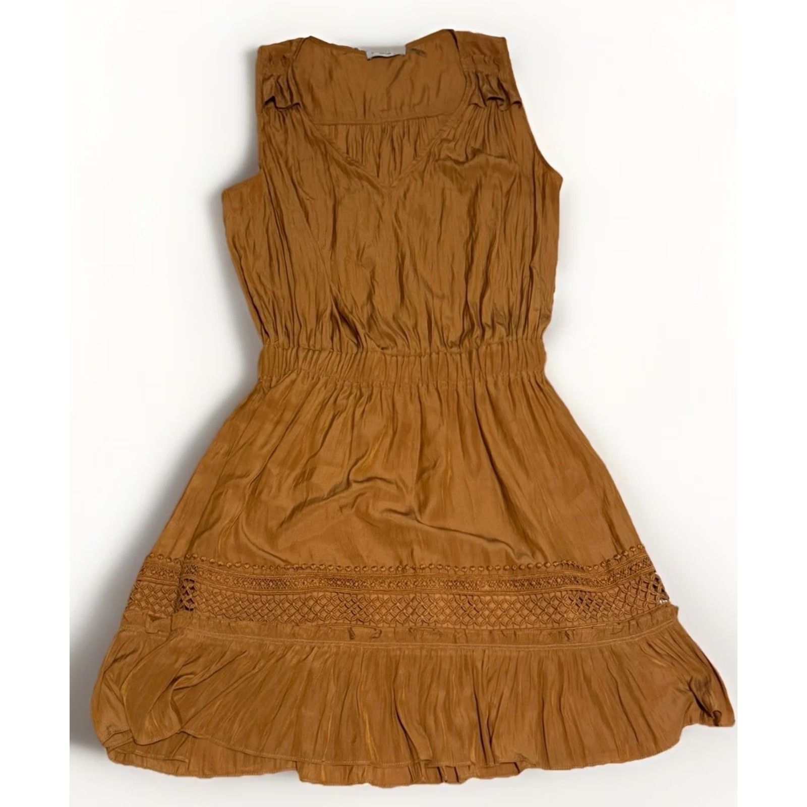 Ramy Brook Ramy Brook Dress CARA Mini Silky Satin Light Cognac Brown M Sleeveless V-Neck Ruched Embroidered Crochet A-Line Shift Floral Lined Size M / US 6-8 / IT 42-44 - 2 Thumbnail