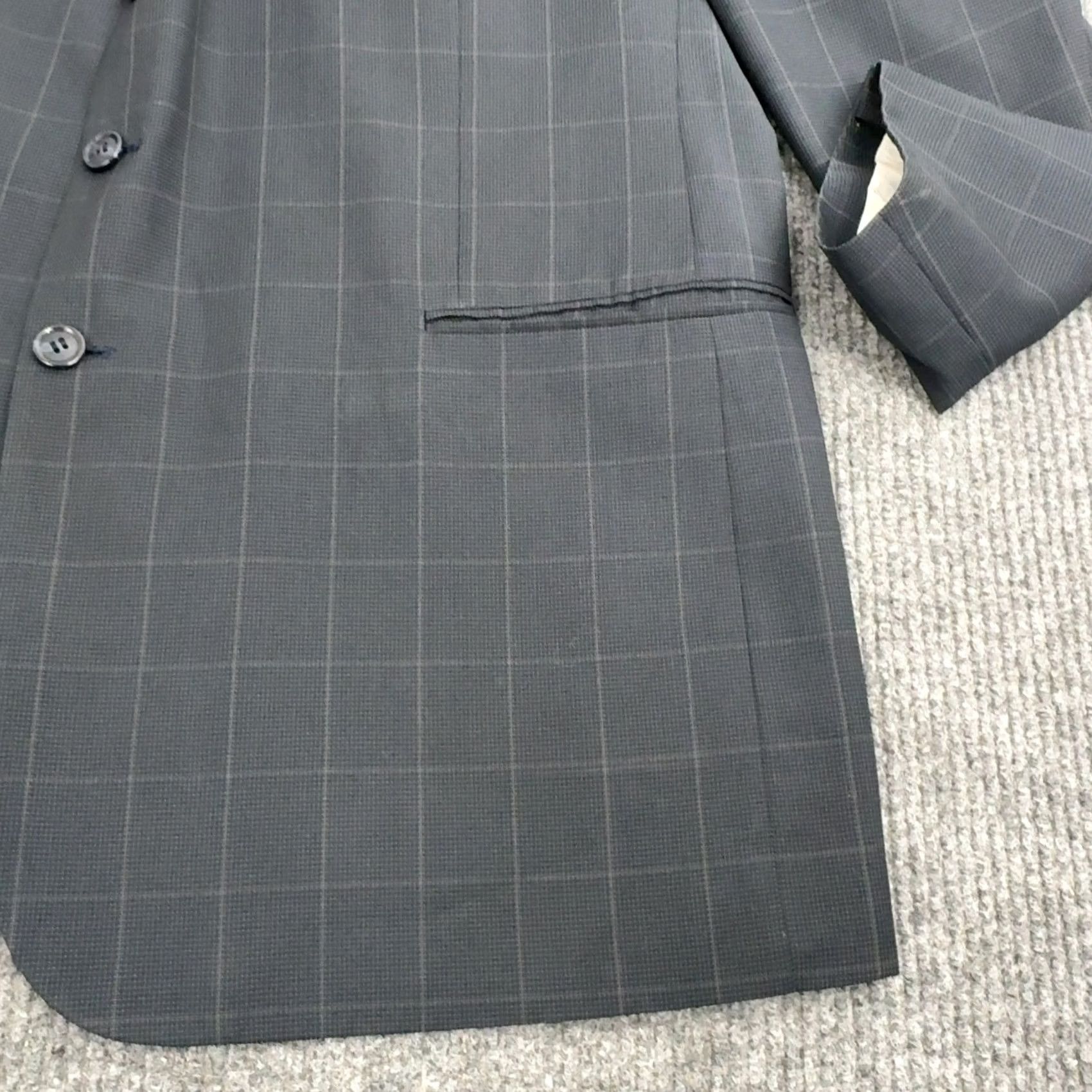 Vintage Zandello Blazer 46R Grey Plaid Four-Button Notch Lapel Single-Breasted Polyester Rayon Mens Suit Jacket Ventless Formal Business Classic Size 46R - 4 Thumbnail