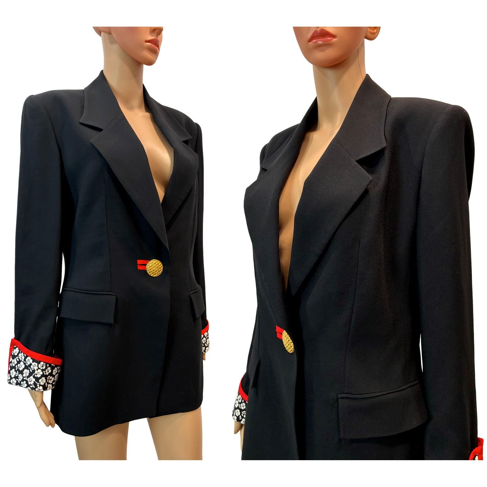 Vintage 90s Statment Blazer Black Red Trim Gold Button Floral Cuffs Size M / US 6-8 / IT 42-44 - 4 Thumbnail