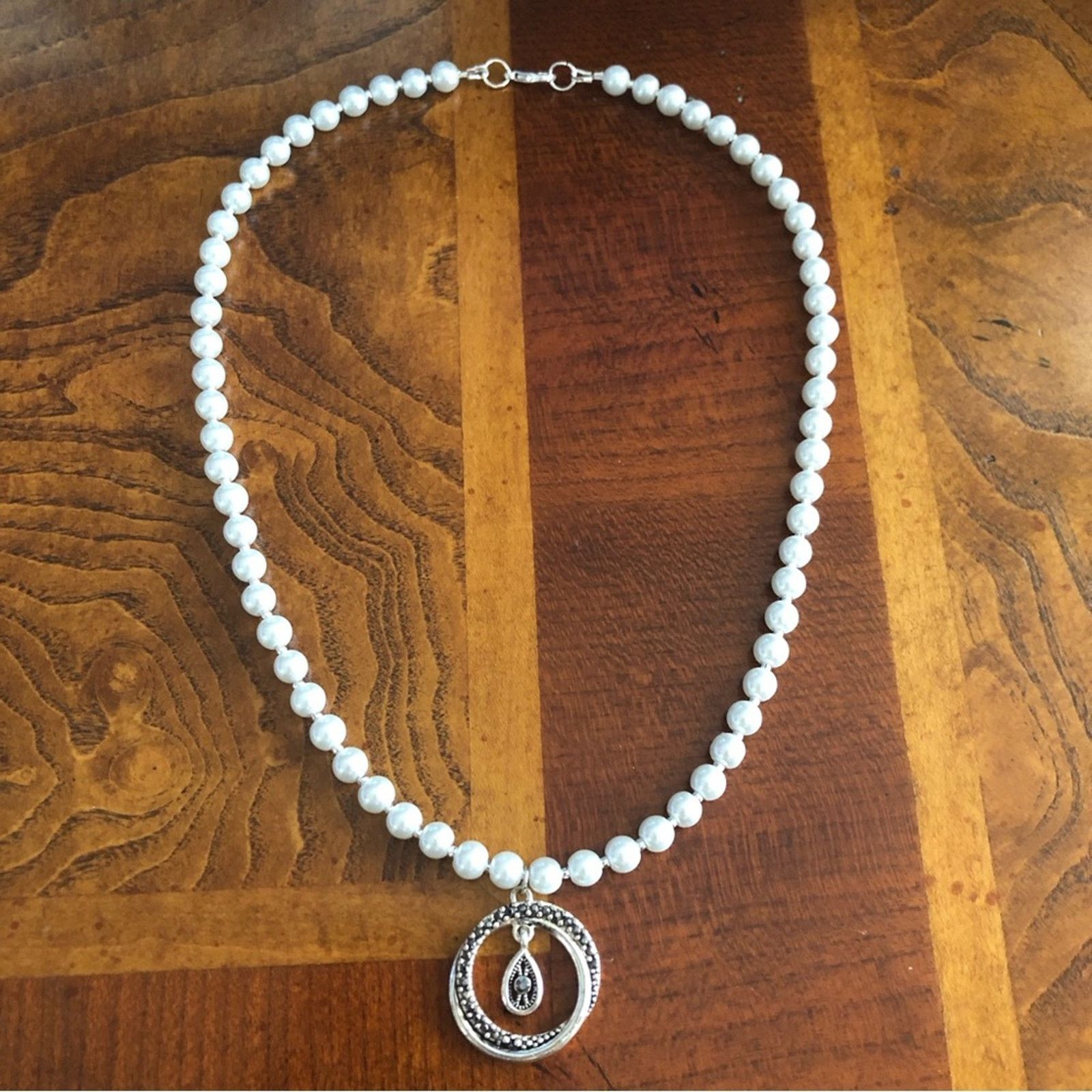 Handmade Handcrafted repurpose genuine marcasite glass Pearl necklace Size ONE SIZE - 10 Thumbnail