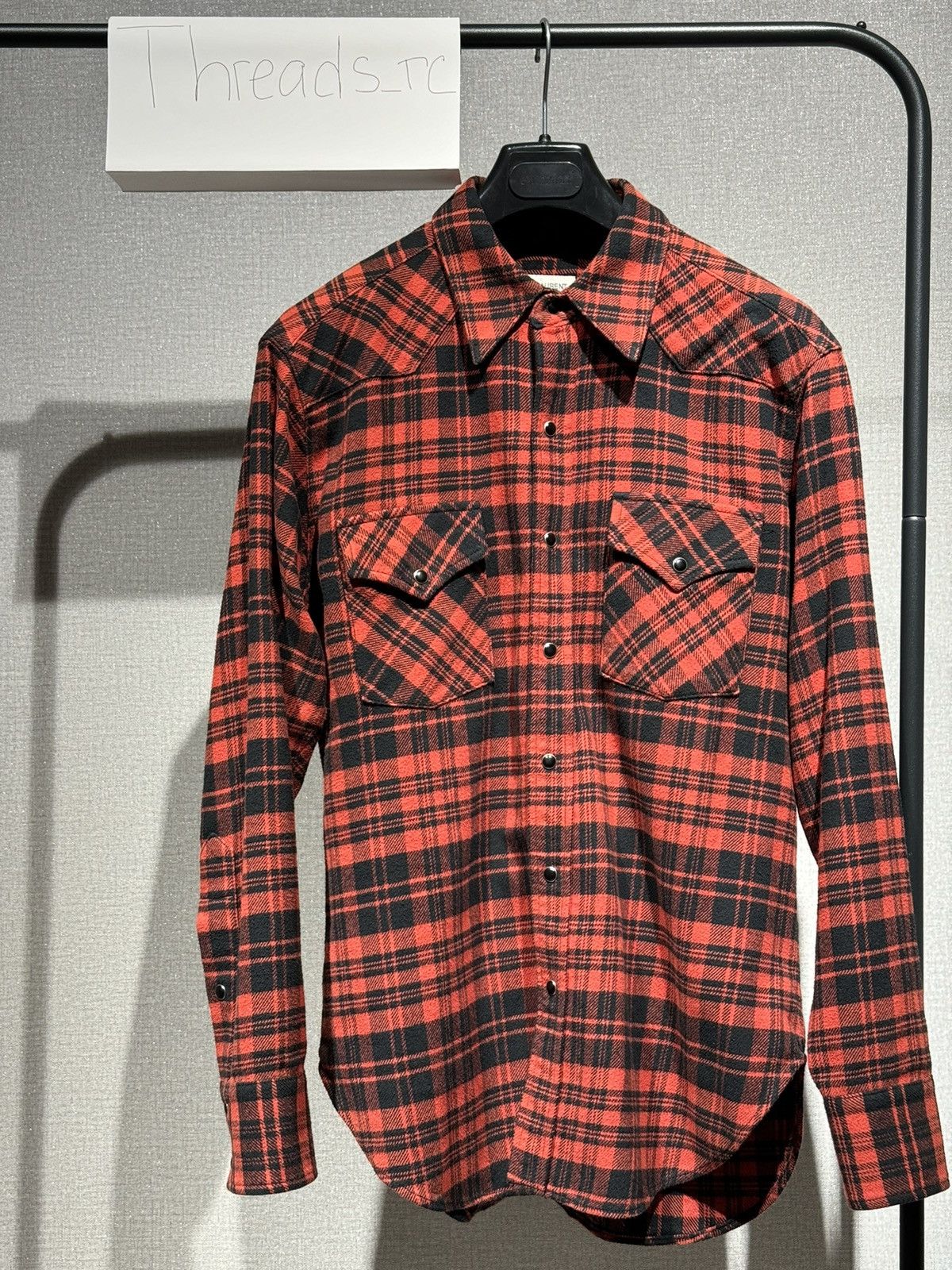 image of Saint Laurent Paris Flannel Plaid Shirt in Red Black, Men's (Size Medium)