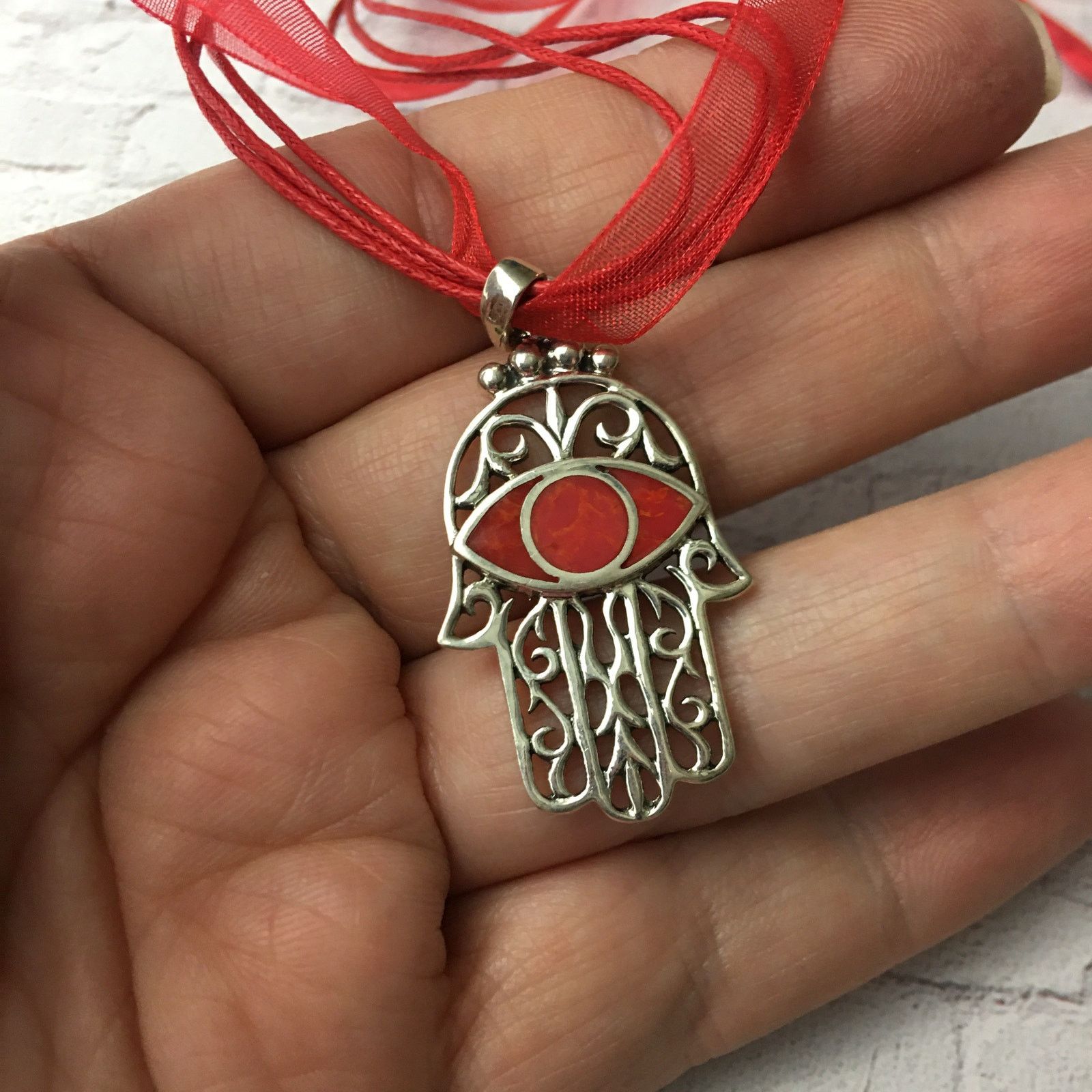 The Unbranded Brand Hamsa Red Coral Sterling Silver Pendant Necklace Size ONE SIZE - 4 Thumbnail