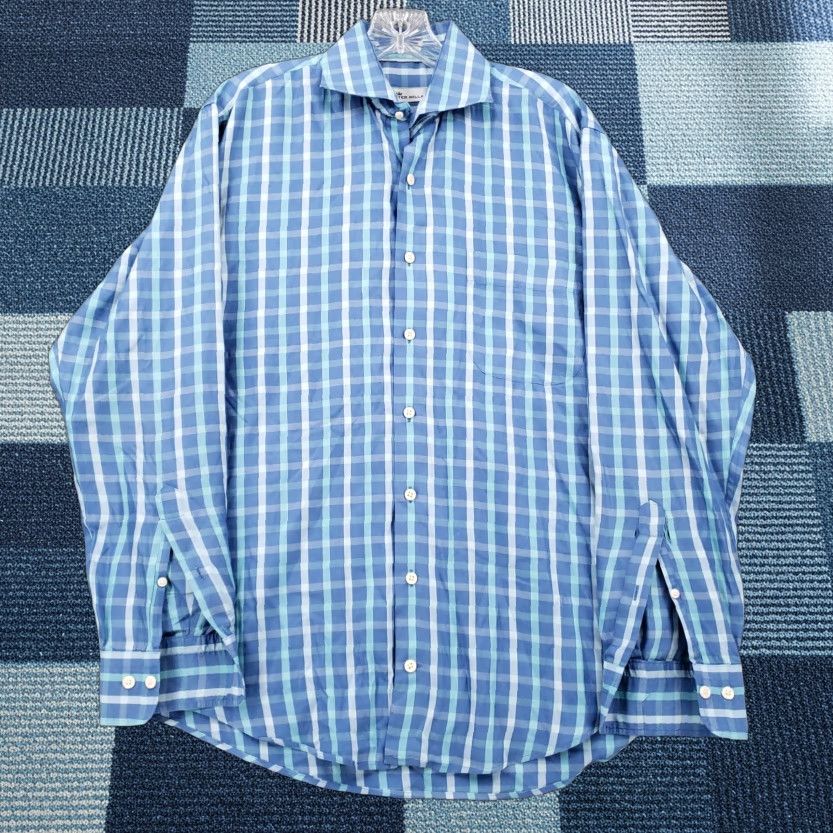 Peter Millar Peter Millar Button-Up Shirt Mens M Medium Blue Plaid Silk Blend Cotton T-Shirt? Size US M / EU 48-50 / 2 - 1 Thumbnail