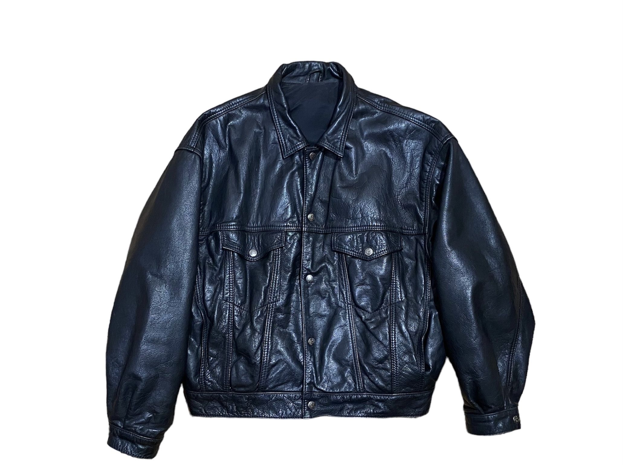 image of Genuine Leather x Leather Jacket Vintage 80's Oversize Motorcycle Leather Jacket in Black (Size Sma