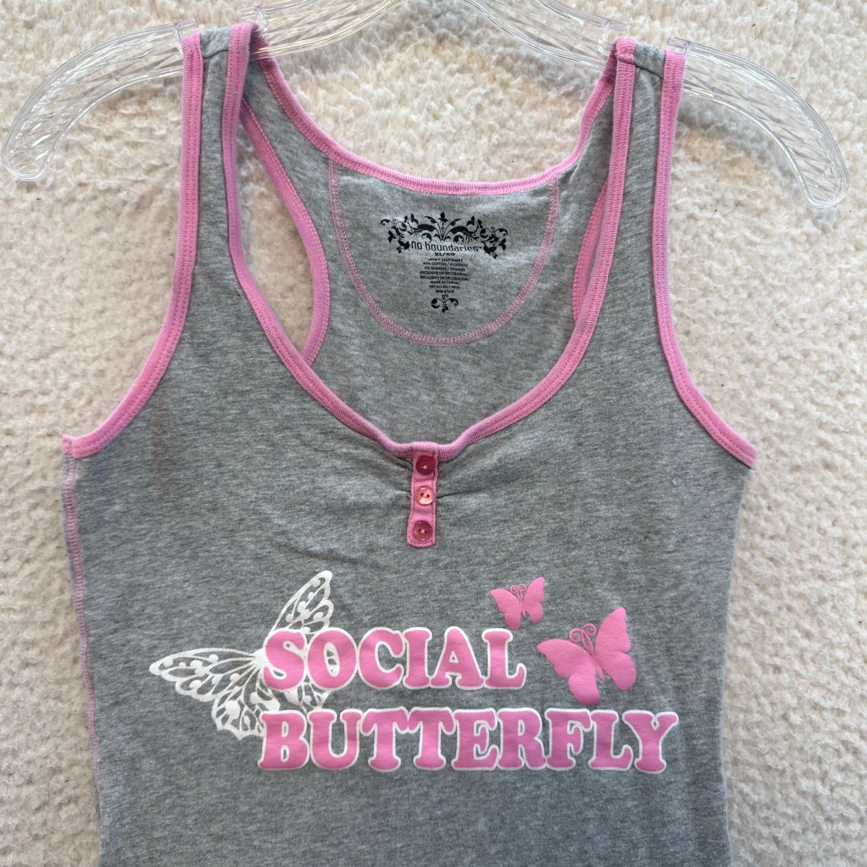Vintage VINTAGE Y2K/ Social Butterfly Camsiole Pajama Tank Top Medium Grey Pink Henley Shirt Girls Size M / US 6-8 / IT 42-44 - 3 Thumbnail