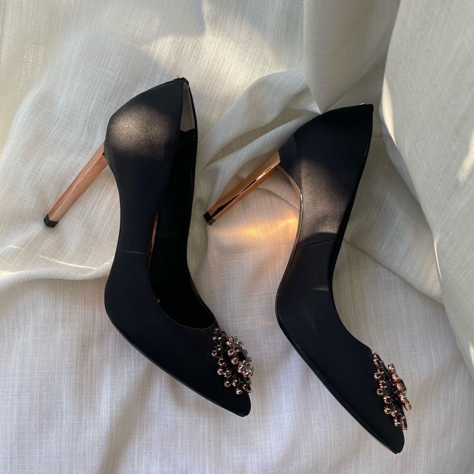 Ted Baker Ted Baker Black Satin Rose Gold Broach Pumps - Rare Size US 8.5 / IT 38.5 - 1 Thumbnail