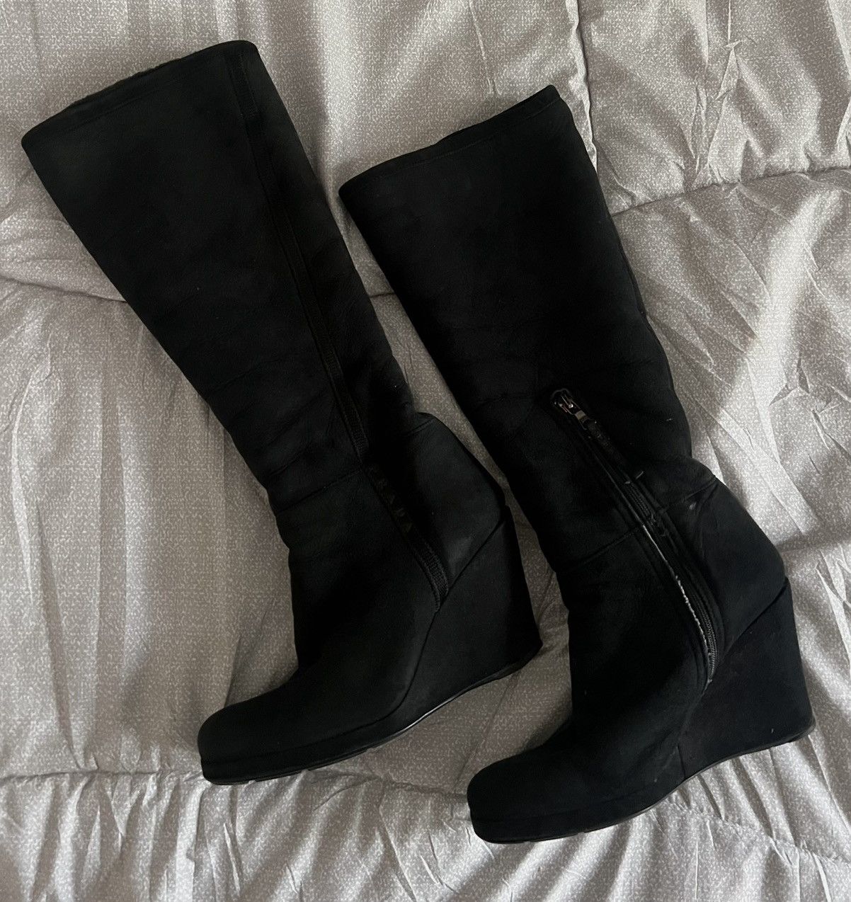 Prada Prada Black Suede Fur-Lined Knee High Wedge Boots Size US 7 / IT 37 - 1 Thumbnail