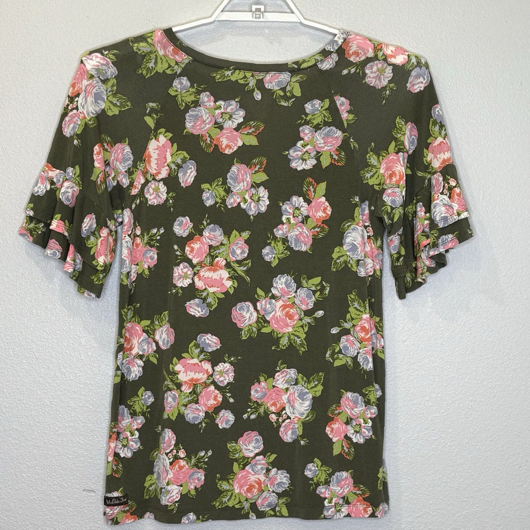 Vintage Matilda Jane Womens Top Small Flouncy Poet Short Ruffle Sleeve Lets Go Together Green Floral Print Round Neck Stretch Size S / US 4 / IT 40 - 5 Thumbnail