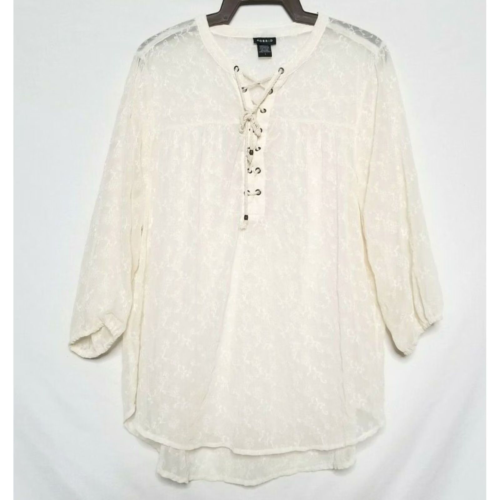 Torrid Torrid Blouse Shirt 3/4 Sleeve Womens Beige Floral Rayon Sheer Top Size 1X Plus Size XL / US 12-14 / IT 48-50 - 2 Thumbnail