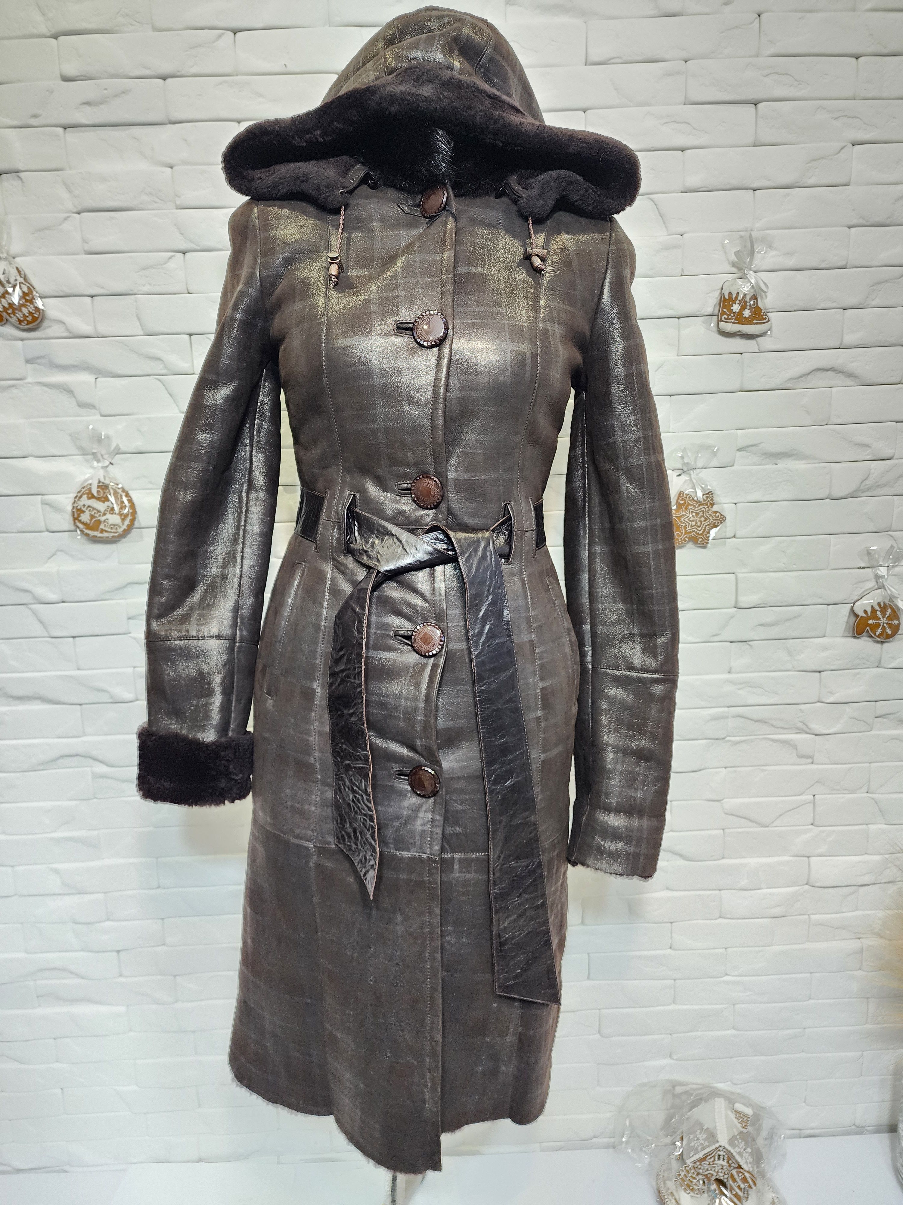 Furla Brown Sheepskin Coat with Hood: Belted Winter Outerwear Size S / US 4 / IT 40 - 1 Thumbnail