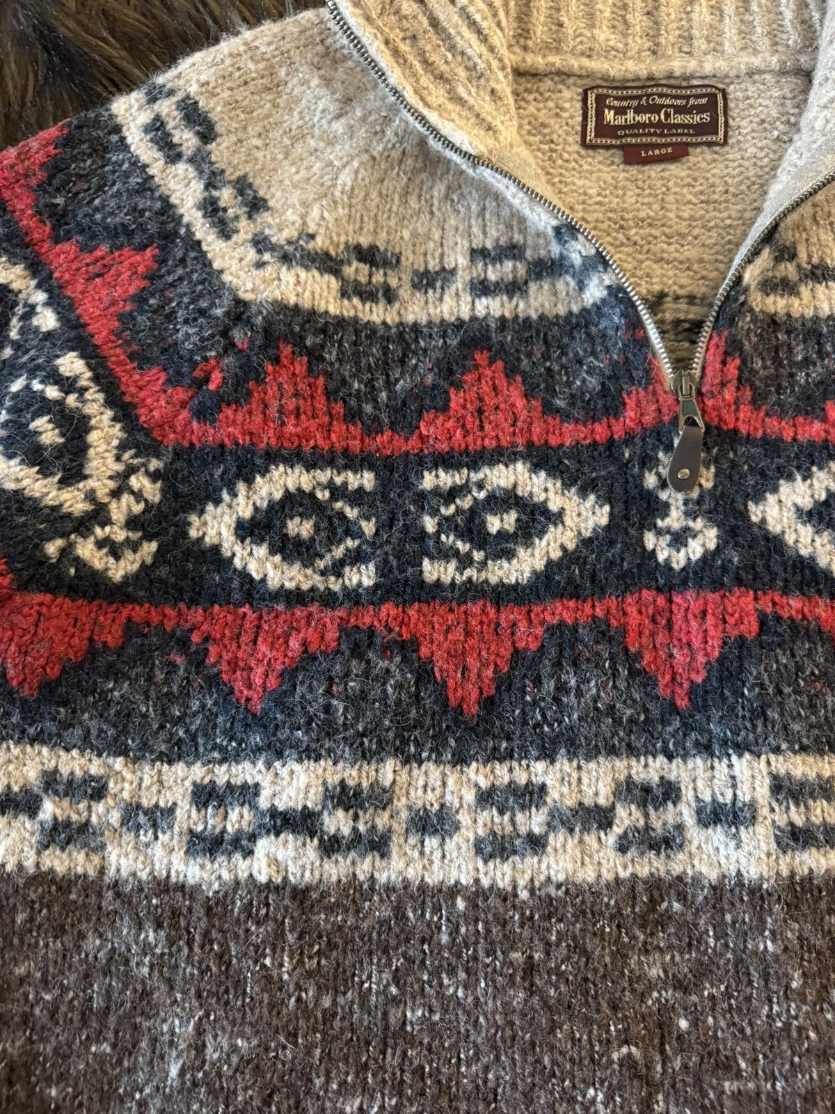Marlboro Vintage Marlboro Classics Wool Pattern Knit Quarter Sweater Size US L / EU 52-54 / 3 - 3 Thumbnail