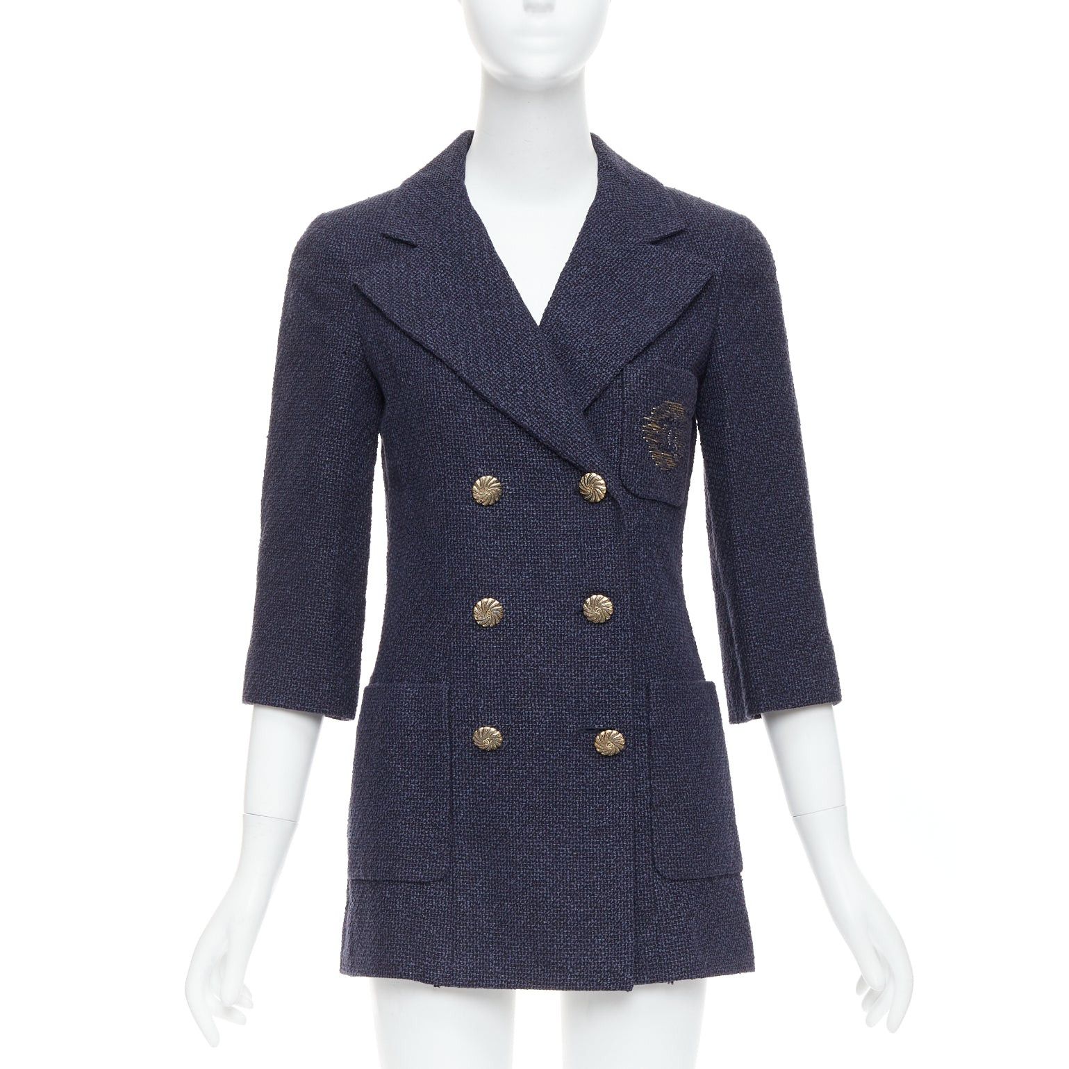 Chanel rare CHANEL 12P gold navy tweed CC pocket double breast schoolboy jacket FR38 M Size M / US 6-8 / IT 42-44 - 1 Thumbnail