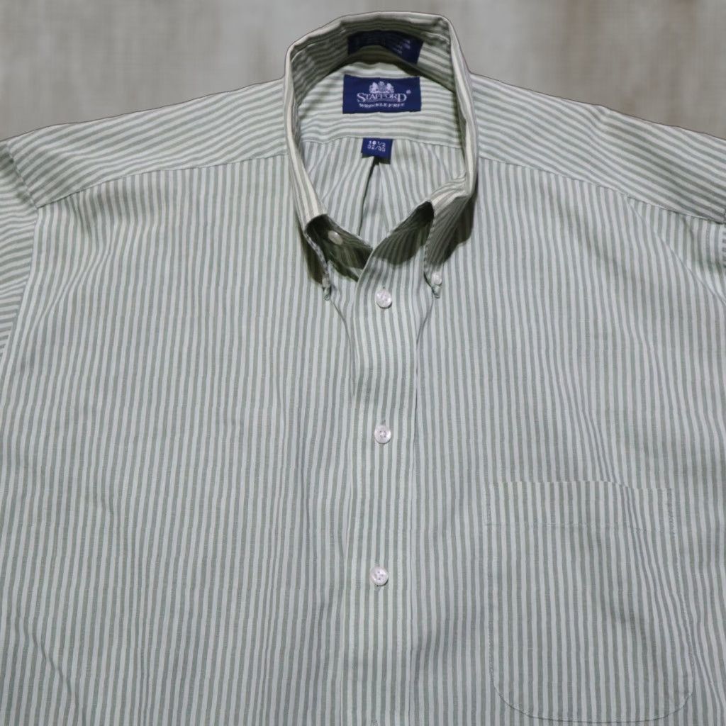 Stafford VINTAGE Stafford Men's Long Sleeve Button-Up Shirt Green White Stripes 16.5 Collared Cotton Blend Size US L / EU 52-54 / 3 - 1 Thumbnail