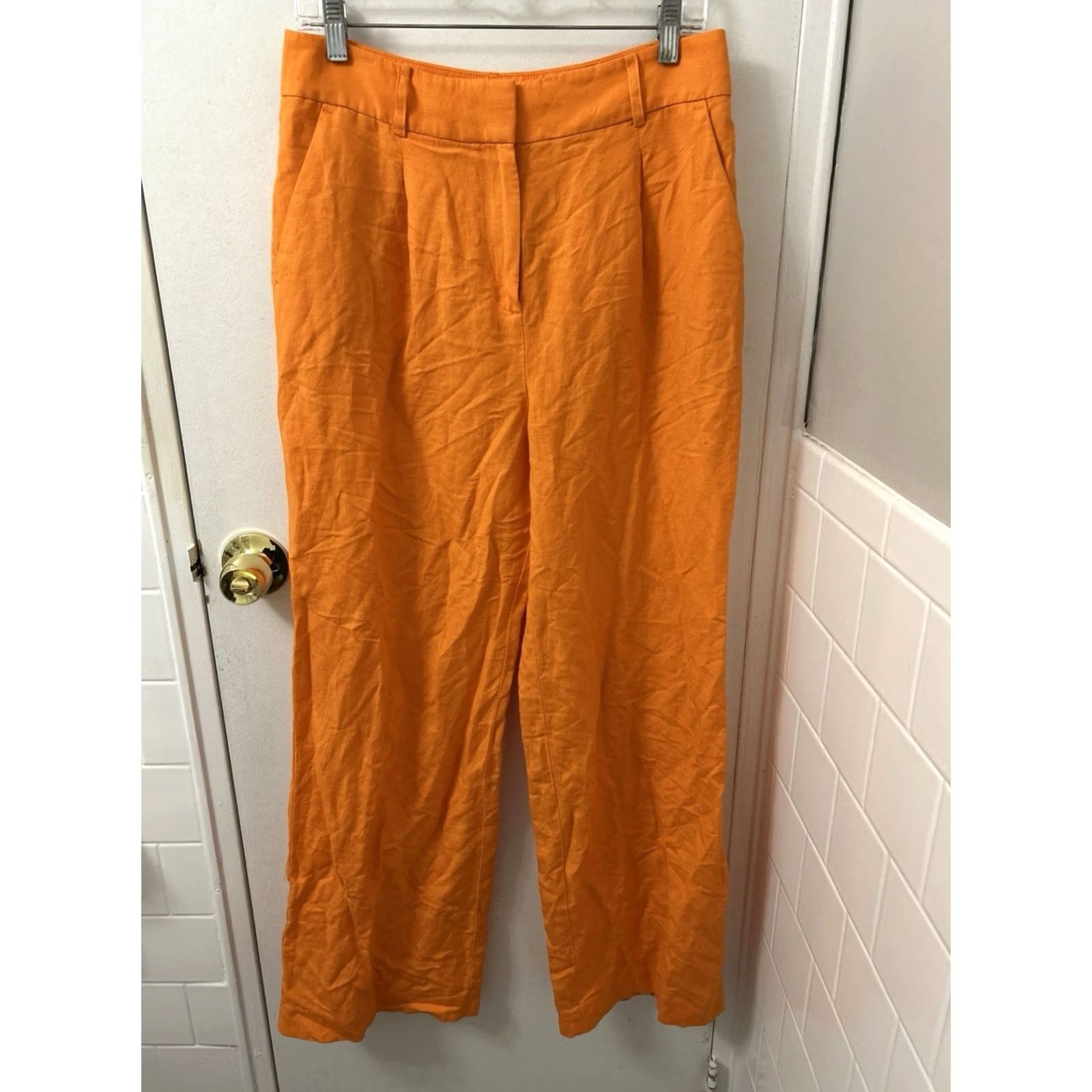 Loft LOFT Pants Womens 4 Orange Linen Blend Wide-Leg Pleated Trousers High Rise Size 27" / US 4 / IT 40 - 2 Thumbnail