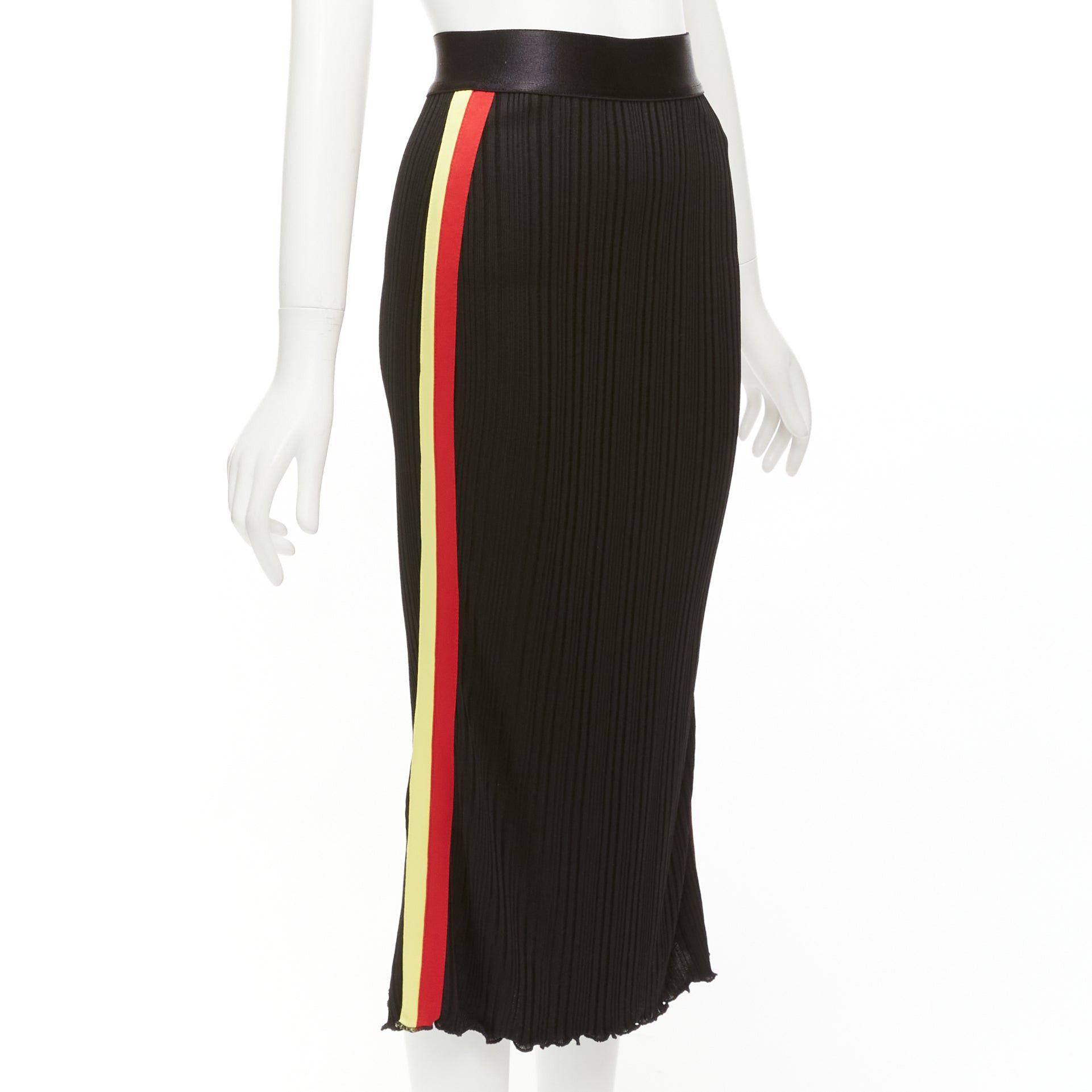 image of Ellery Black Viscose Yellow Red Tape Ribbed High Waist Pleated Flute Skirt Uk6 Xs, Women's (Size 26