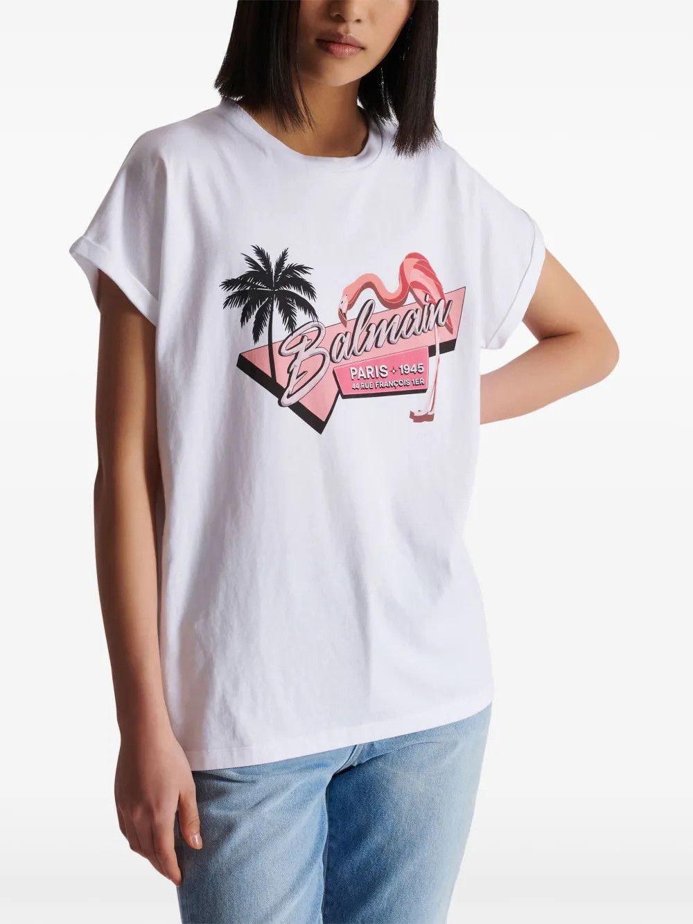 Balmain o1s1wg110725 Flamingo Print Cotton T-Shirt in White Size M / US 6-8 / IT 42-44 - 5 Thumbnail