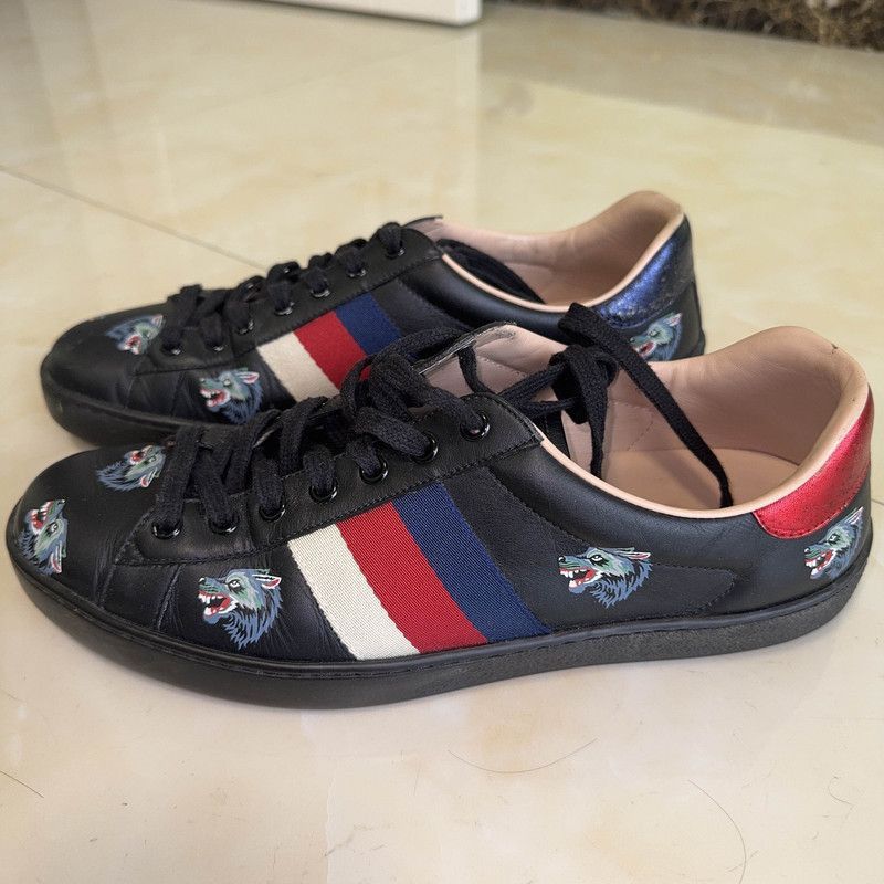 Gucci Gucci Ace Black Leather Sneakers with Wolf Design Size US 8.5 / EU 41-42 - 1 Thumbnail