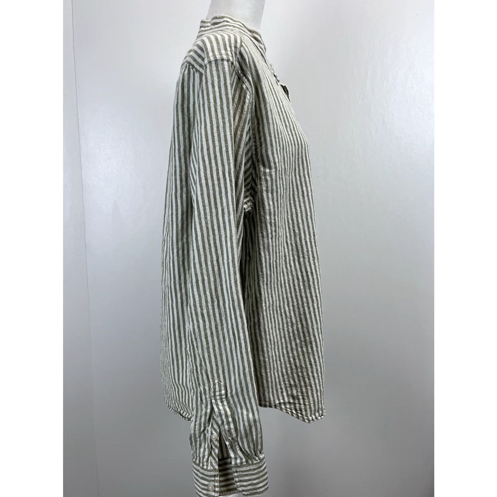 Madewell Madewell Linen Blend Collarless Button-Up Shirt Women's Size L White Green Striped Coastal Size L / US 10 / IT 46 - 4 Thumbnail