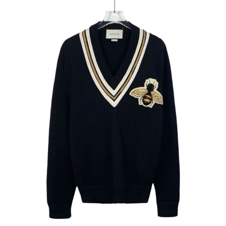 Gucci Gucci Black bee embroidery V-neck wool knitted sweater 2502 Size US S / EU 44-46 / 1 - 1 Thumbnail