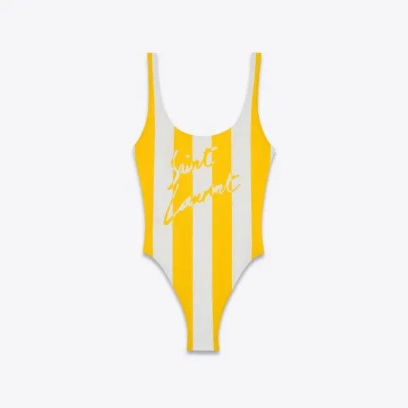 Saint Laurent Paris o1la1rc1a0425 726616 Striped Swimsuit in White/Yellow Size S / US 4 / IT 40 - 1 Thumbnail