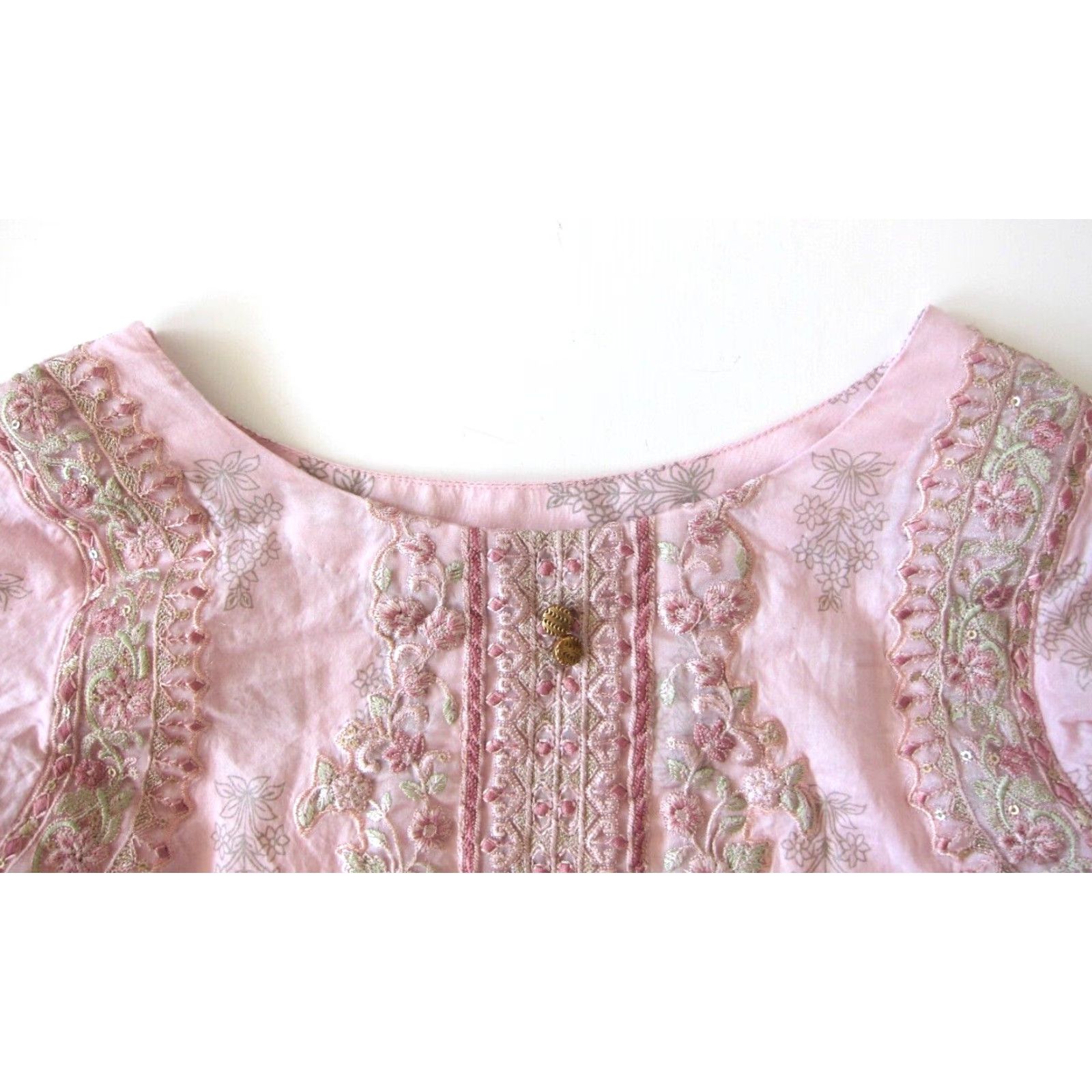 Vintage Maria B. Cotton Pink Green Embroidered Beaded Floral Long Sleeve Kurta Dress S Size S / US 4 / IT 40 - 7 Thumbnail