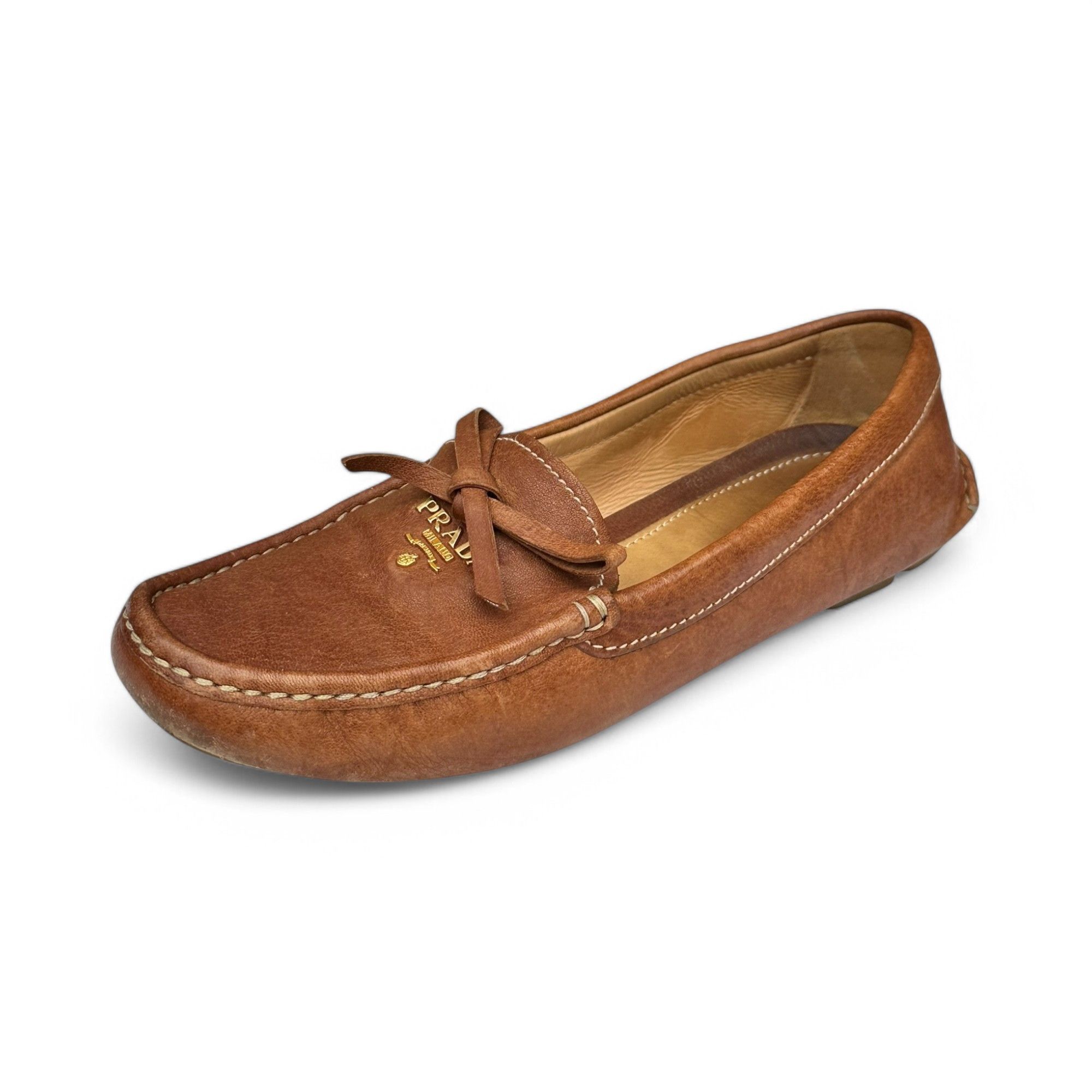 Prada Prada Slip On Loafers Brown Saffiano Leather Logo Size US 7 / IT 37 - 1 Thumbnail