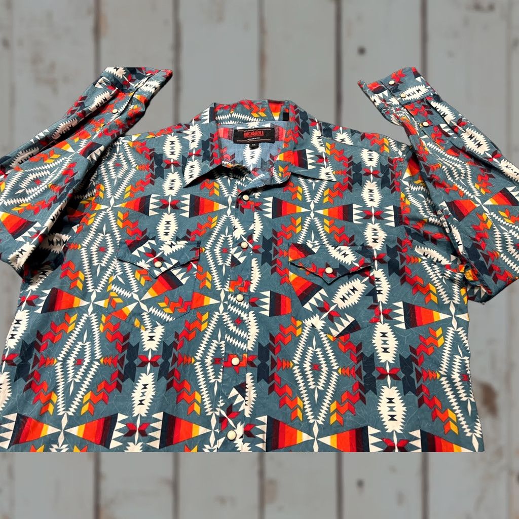 Vintage Rock & Roll Denim Shirt Mens XL Red Western Geometric Snap Button-Up Stretch Pockets Cotton Spandex Regular Size US XL / EU 56 / 4 - 1 Thumbnail