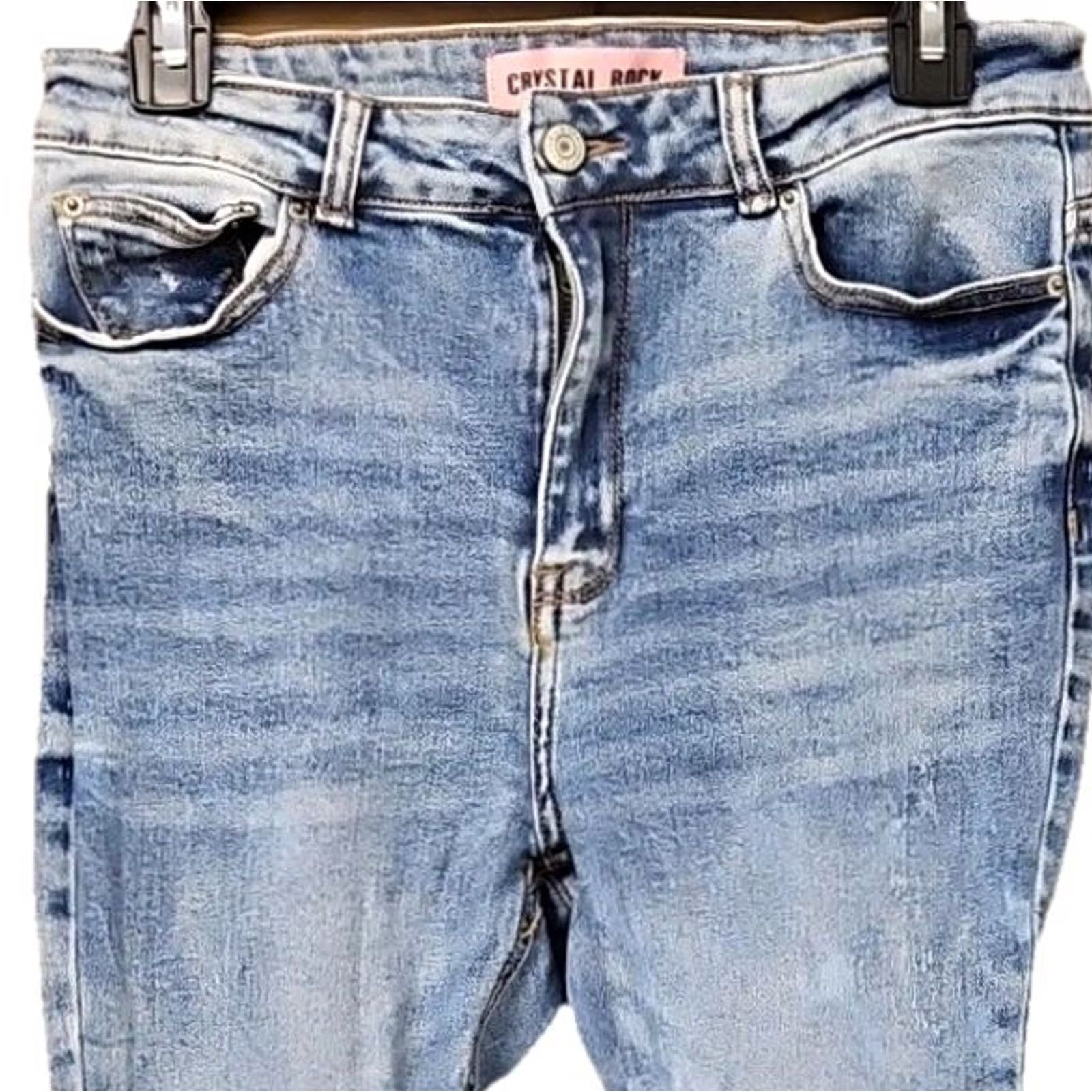 Vintage Crystal Rock Skinny Jeans Juniors 13 Women Denim Blue Light Wash Distressed Raw Hem Stretch Mid Rise Regular Inseam 26 in Button Zip 26W Size 34" / US 12 / IT 48 - 2 Thumbnail