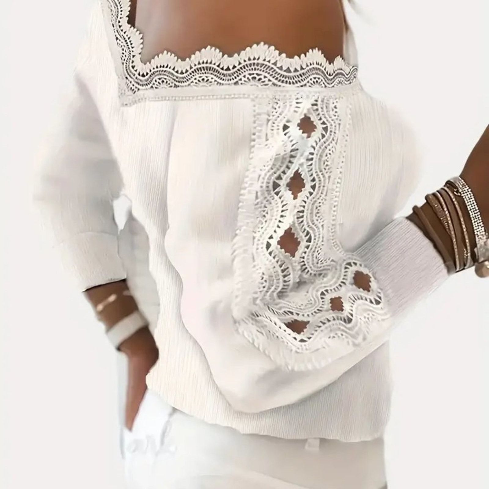 Other Contrast Lace V-Neck Knitted Sweater - white - 14 Size XL / US 12-14 / IT 48-50 - 3 Thumbnail