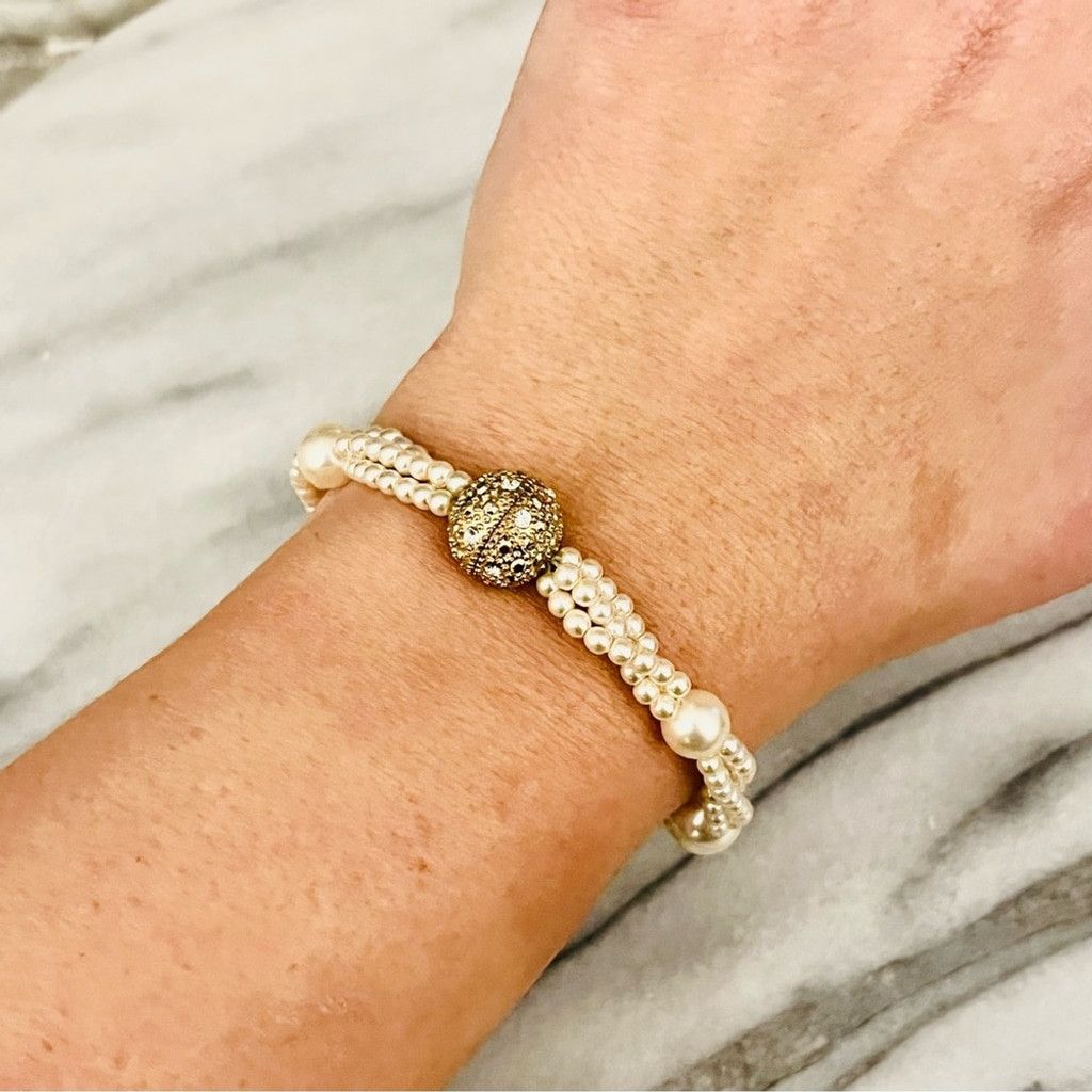 Vintage Vintage Faux Pearl Beaded Bracelet Ornate Gold Pave Crystal Size ONE SIZE - 2 Thumbnail