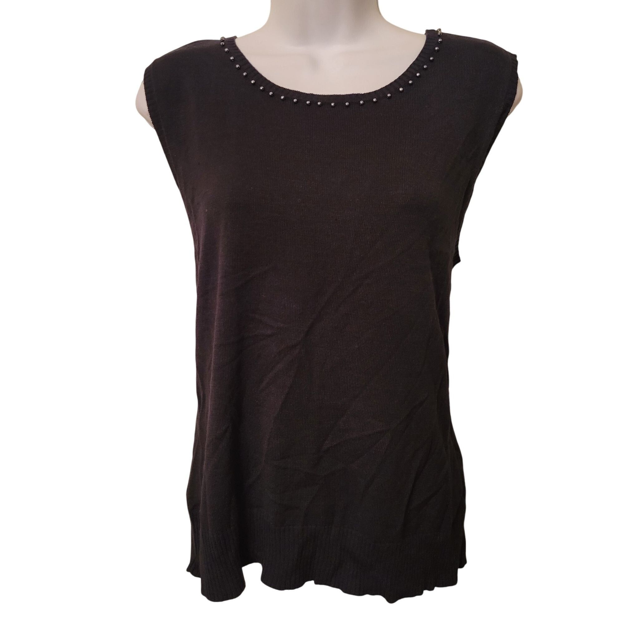 Oscar De La Renta L Black Beaded Scoop Neck Sleeveless Sweat