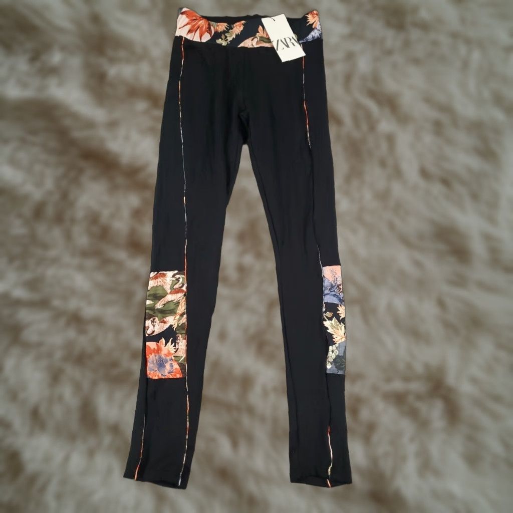 Zara Zara Pants Womens Size Large Black Floral Accents Yoga Stretch Leggings Ladies Size 36" / US 14 / IT 50 - 1 Thumbnail