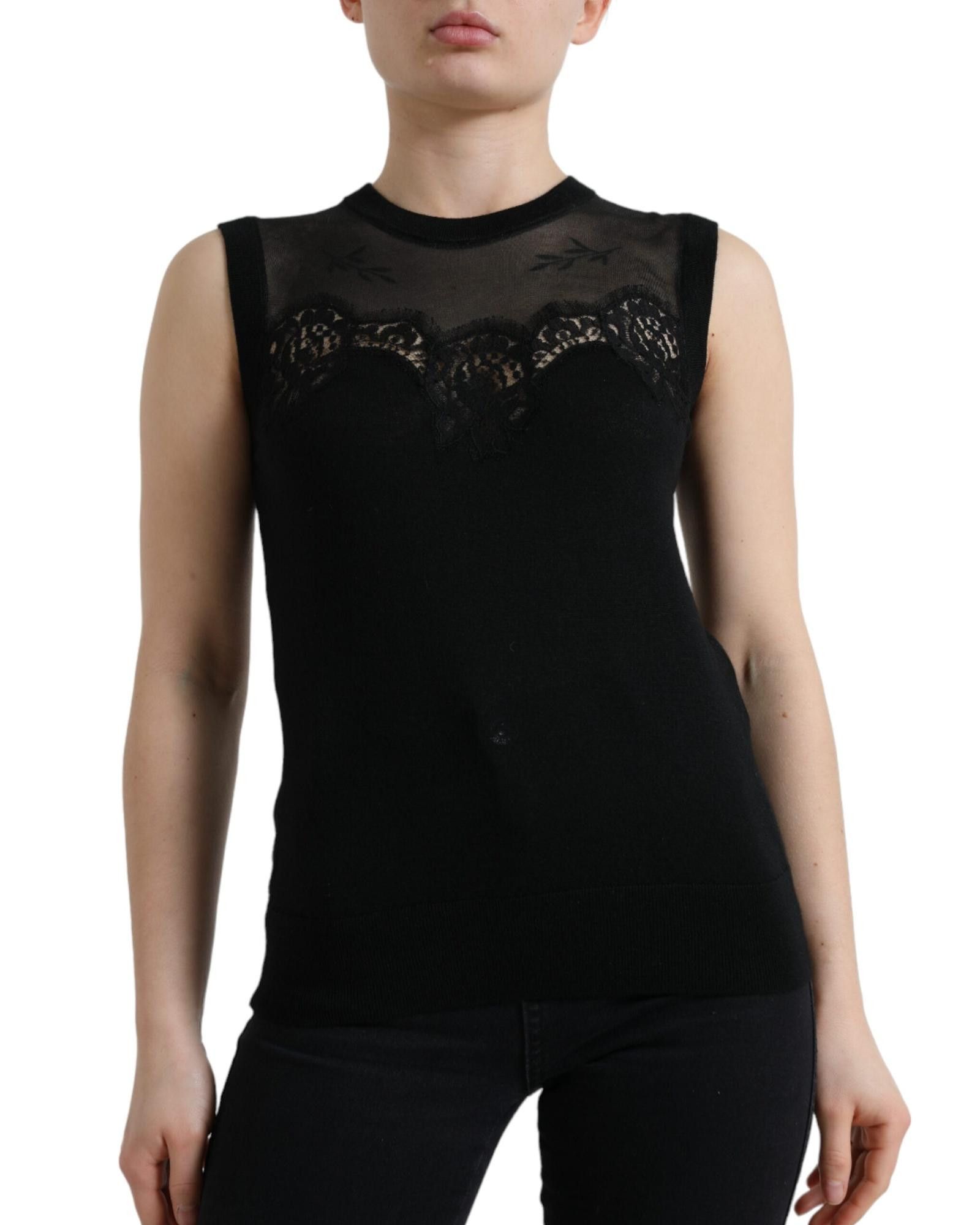 image of Dolce Gabbana Lace Trim Cashmere Tank Top in Black, Women's (Size XS)