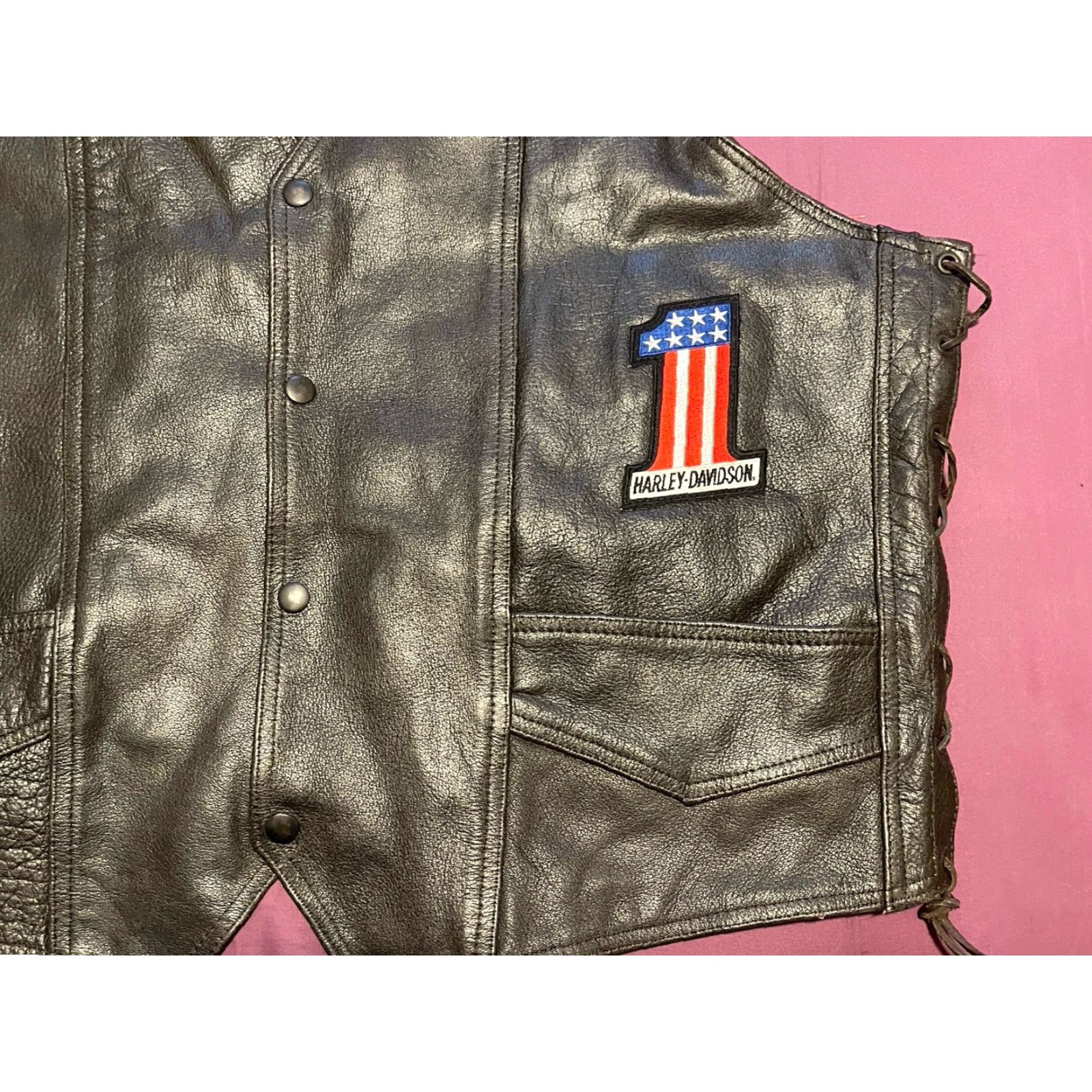 Vintage USA Bikers Dream Apparel Leather Vest Black Sz 56 Harley Davidson Patches Vintage DREAM Men Vest Size 56 Leather Black Pockets Size US XL / EU 56 / 4 - 2 Thumbnail