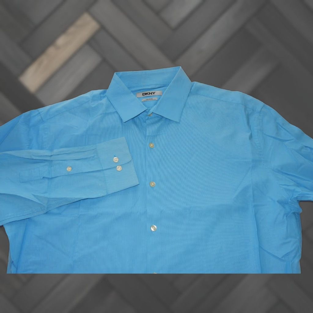 DKNY DKNY Men's Dress Shirt Size 16.5-34/35 Regular Slim Solid Blue 100% Cotton Shirt Mens Size 46R - 1 Thumbnail