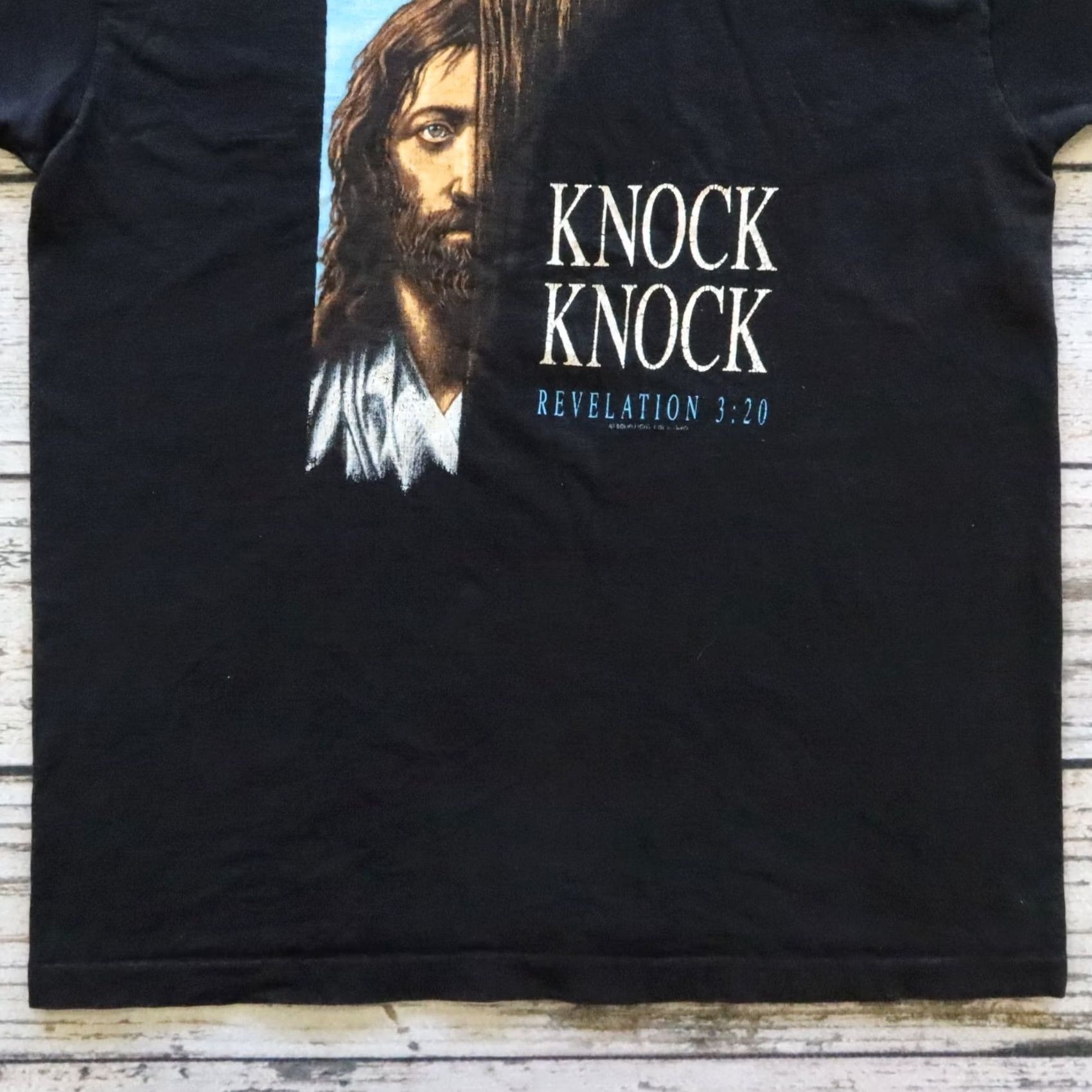 Fruit Of The Loom VINTAGE Knock Knock Revelation 3:20 Shirt 2XL Black Mens Gold Size US XXL / EU 58 / 5 - 3 Thumbnail