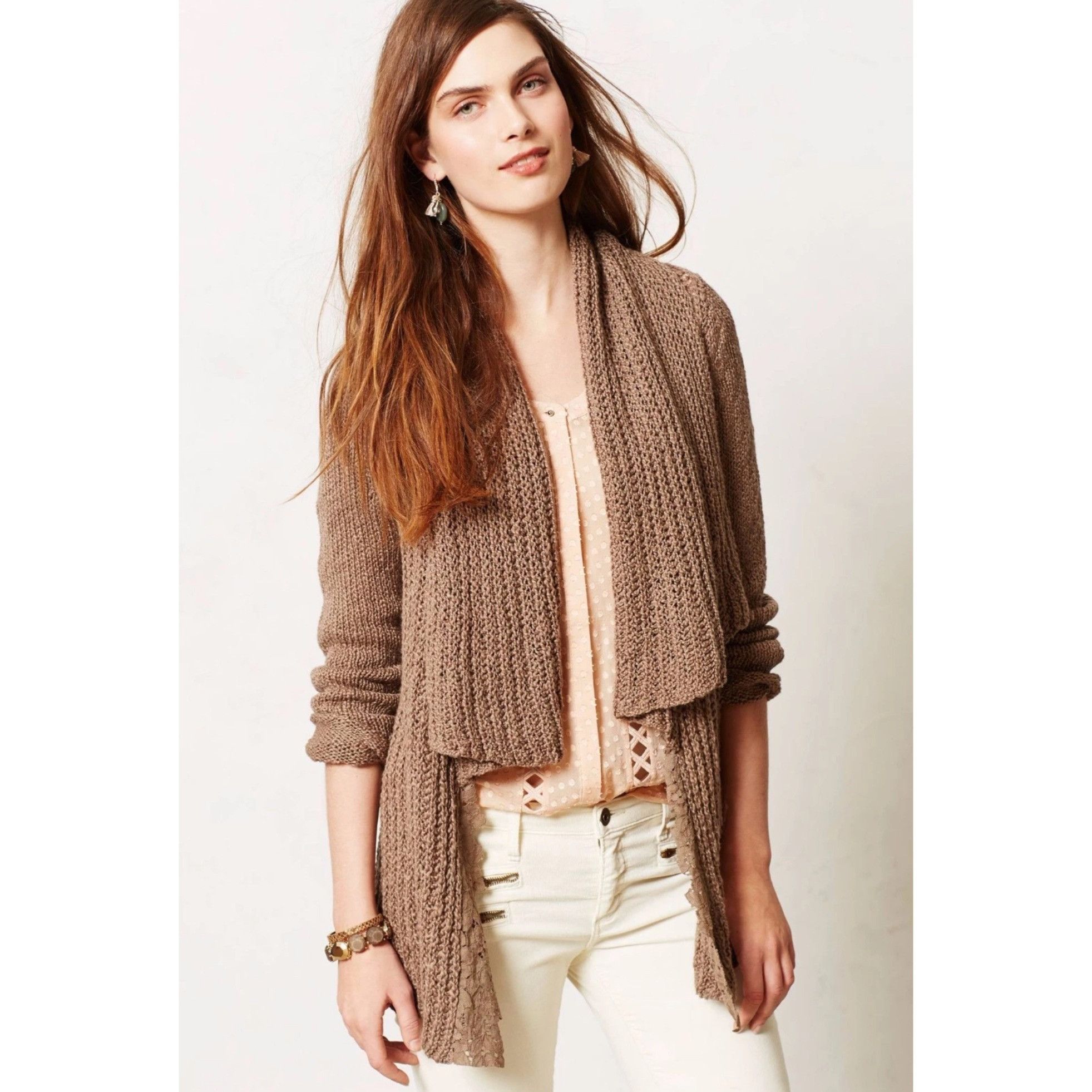 Anthropologie Anthropologie Brown Lace Trim Knit Cardigan Sweater | Grunge Size S / US 4 / IT 40 - 1 Thumbnail