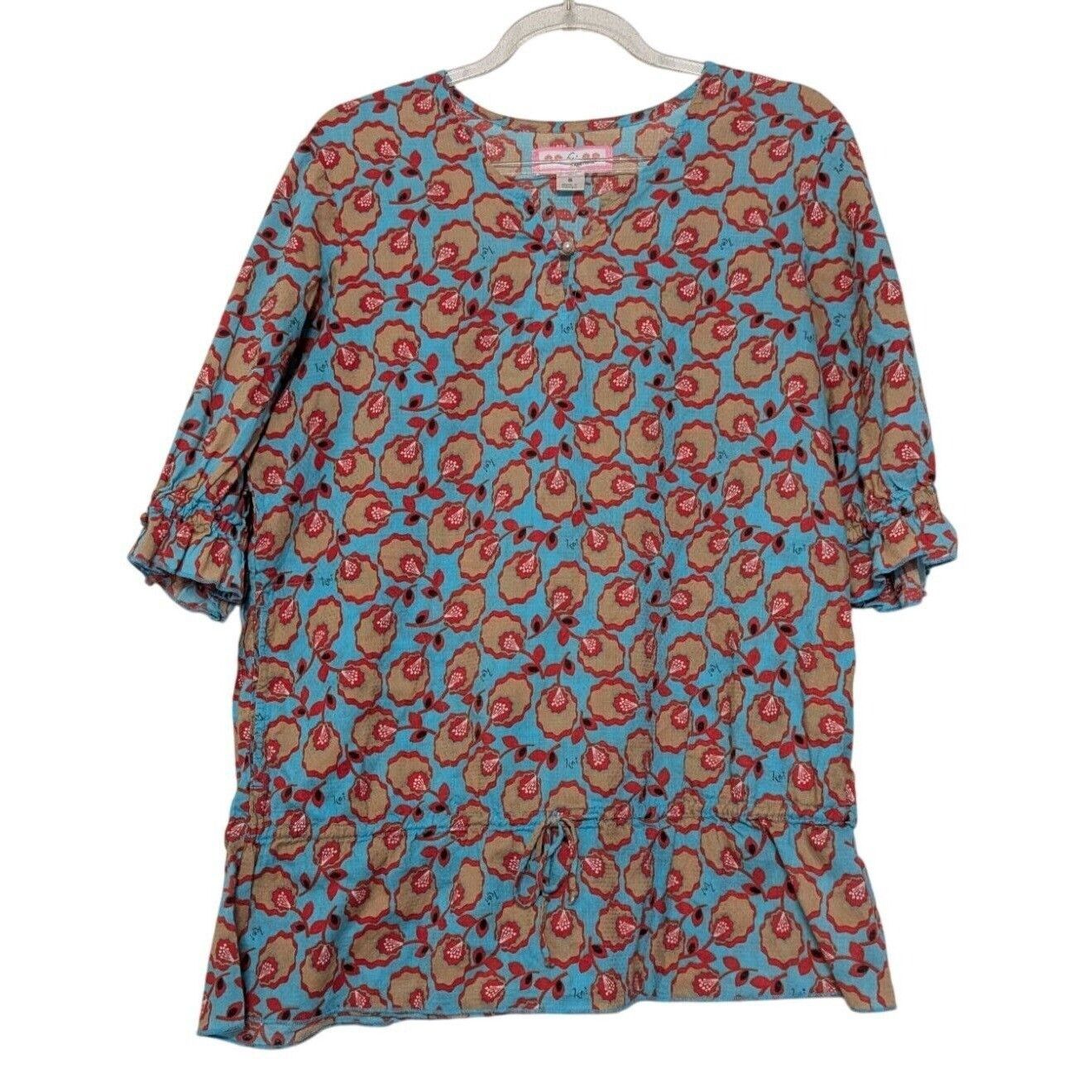 Designer Koi Floral Scrub Top Womens Size Small Blue Cotton Size S / US 4 / IT 40 - 1 Thumbnail