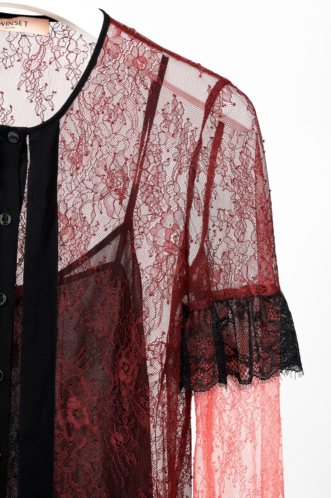 TWINSET Twinset Burgundy & Pink Lace Ruffle Tie-Neck Blouse Size S / US 4 / IT 40 - 5 Thumbnail