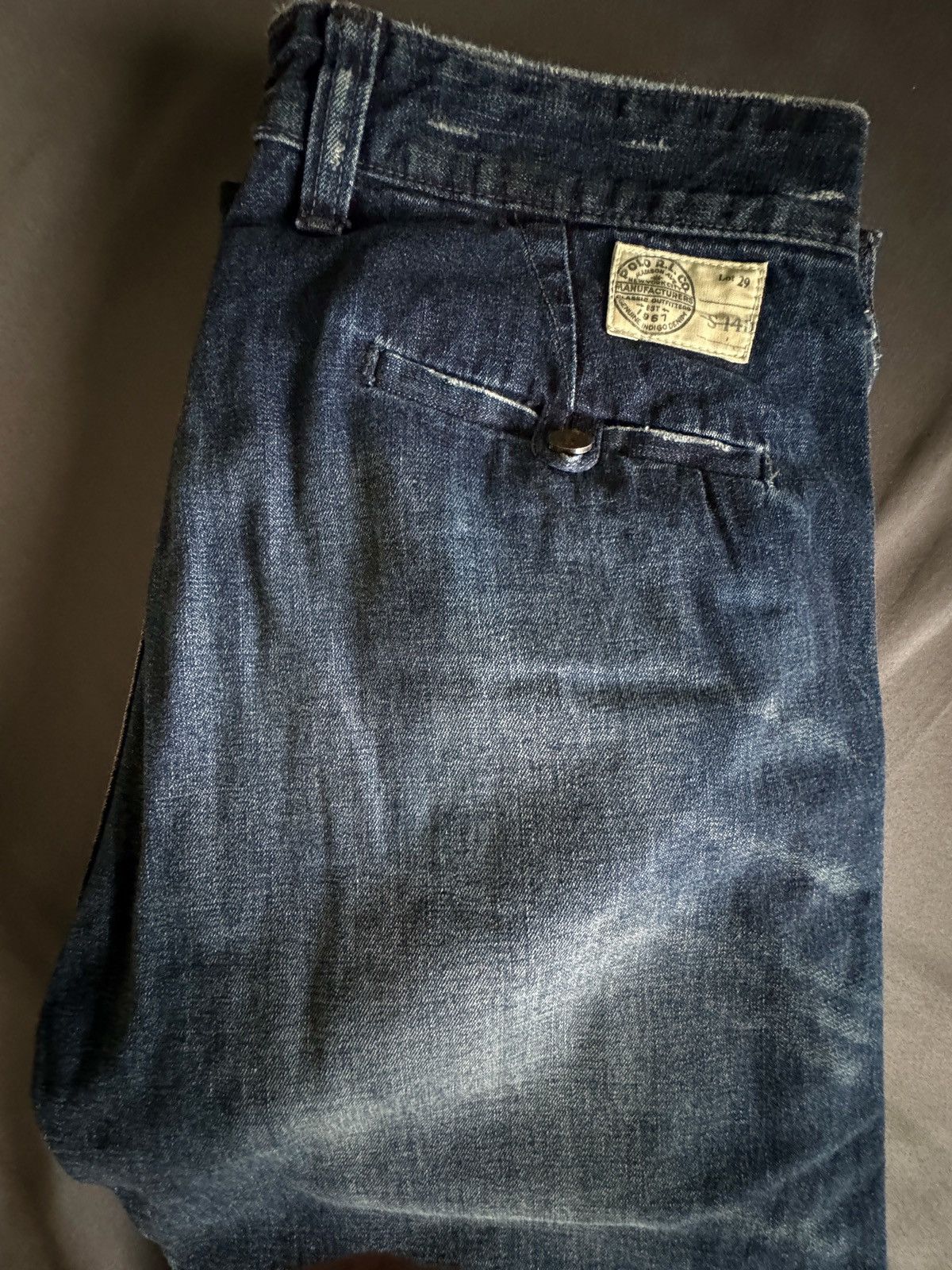 image of Polo Ralph Lauren Flat Front Medium Washed Ripped And Repaired Denim in Blue, Men's (Size 34)