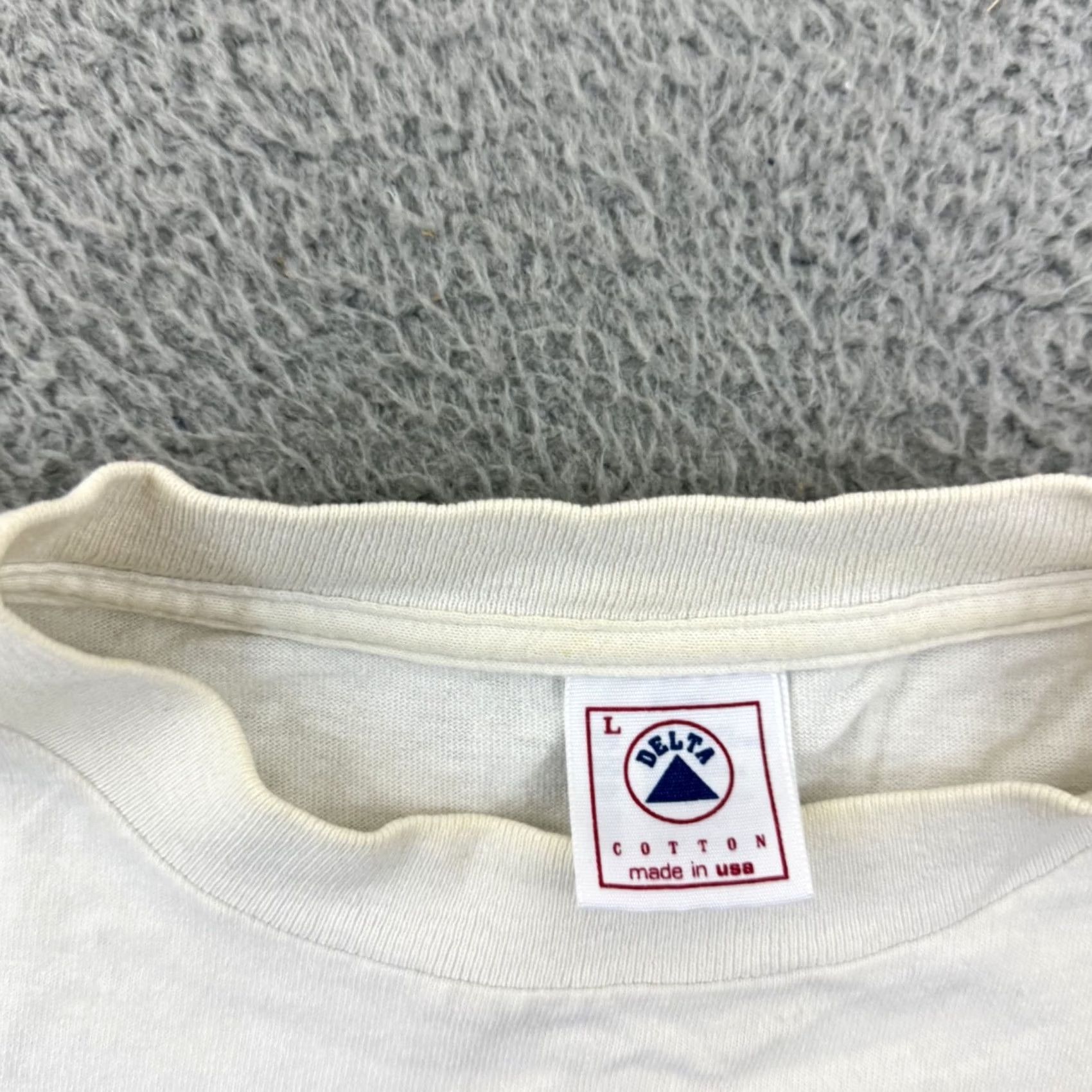 Delta VINTAGE Delta Pro Weight Shirt Mens Large White Flintstones 90s Short Sleeve Graphic Print Pebbles Bam Bam Cartoon 90s Mens Size US L / EU 52-54 / 3 - 7 Thumbnail