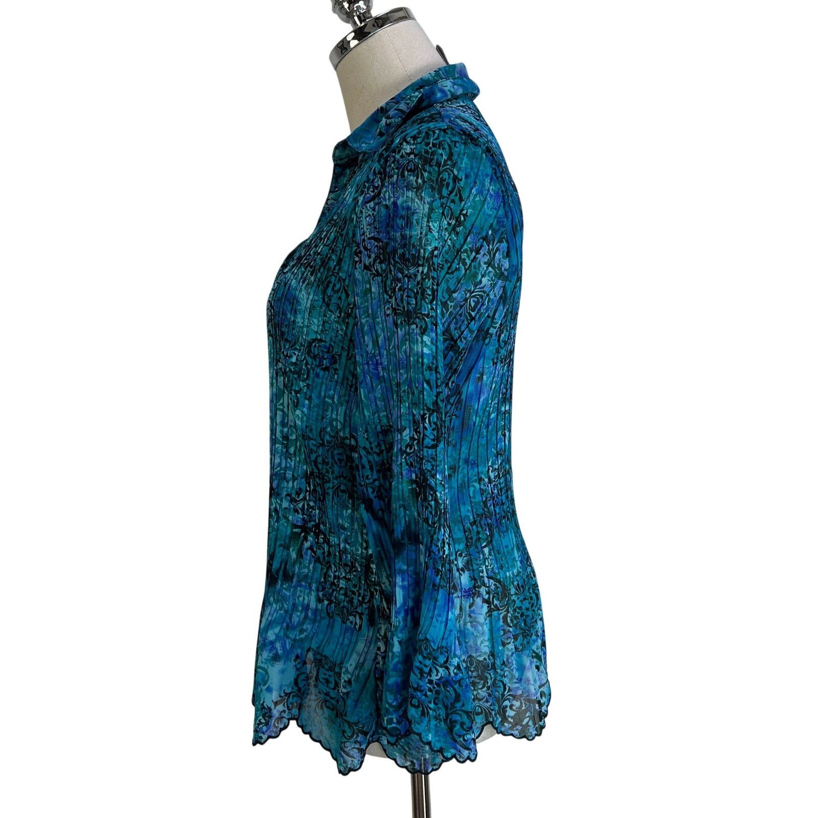 Other Laura Scott Blue Damask Printed Pleated Stretch Shirt Top Size M / US 6-8 / IT 42-44 - 6 Thumbnail