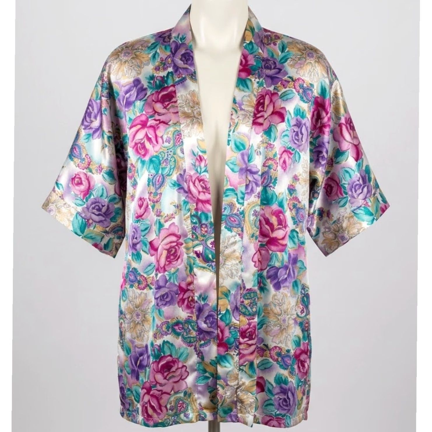 Vintage VINTAGE Adonna Robe Womens L Pink Purple Floral Made in USA No Waist Tie Kimono 90s 80s Womens Summer Fall Winter Short Sleeve Pattern Floral Size ONE SIZE - 2 Thumbnail