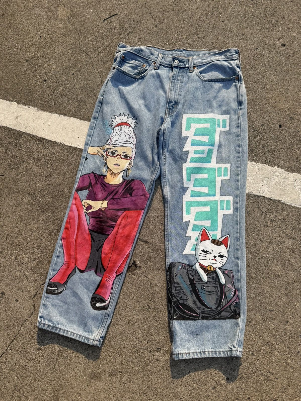 Anime Dan da dan custom hand painted jeans Size US 34 / EU 50 - 1 Thumbnail