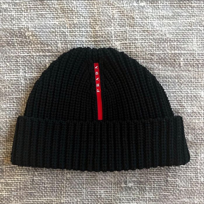 Prada Linea Rossa Ribbed Red Tab Beanie Grailed