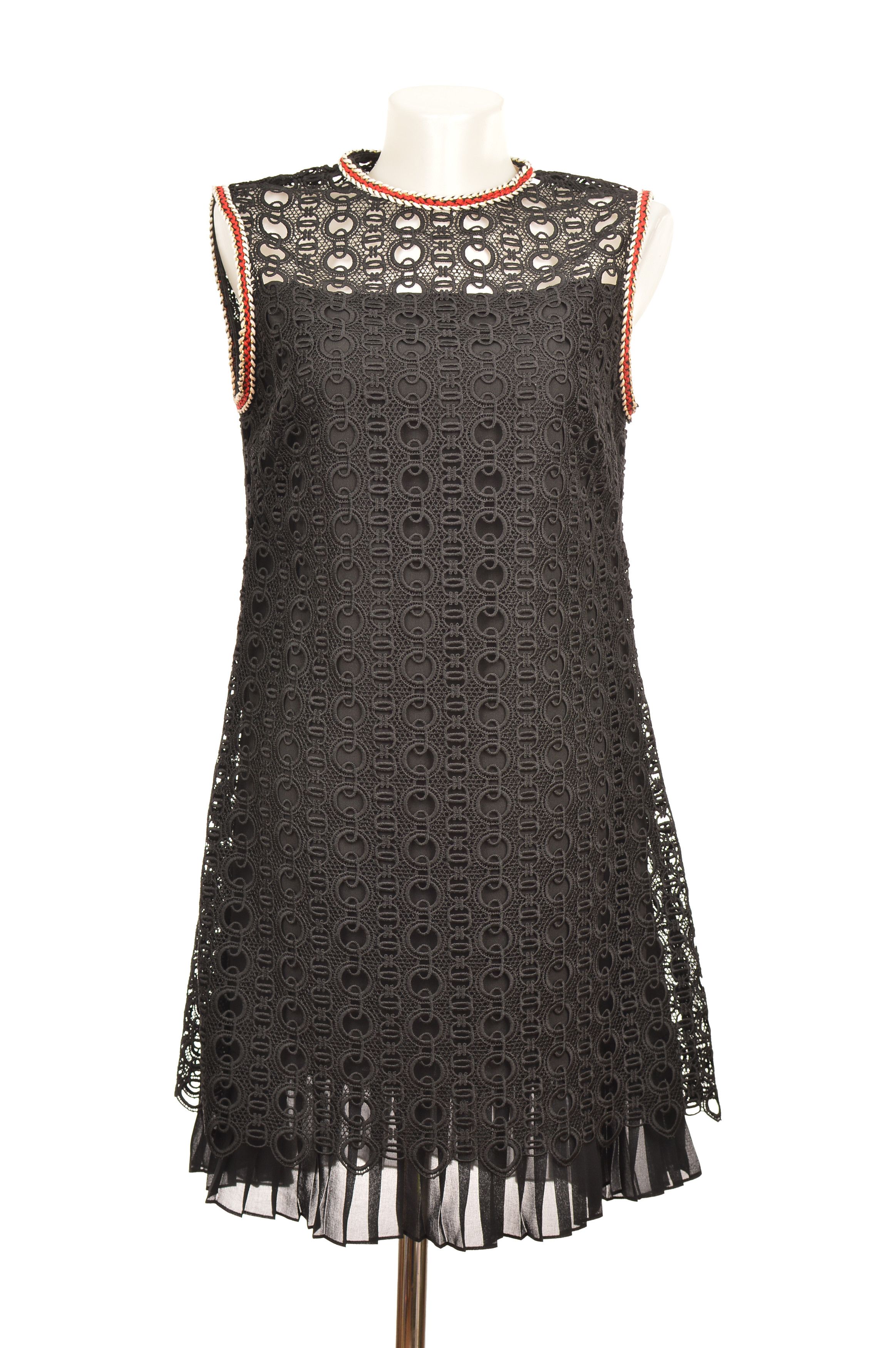 Sandro Sandro Crochet Black Dress with Red/White Braided Details Size XS / US 0-2 / IT 36-38 - 1 Thumbnail