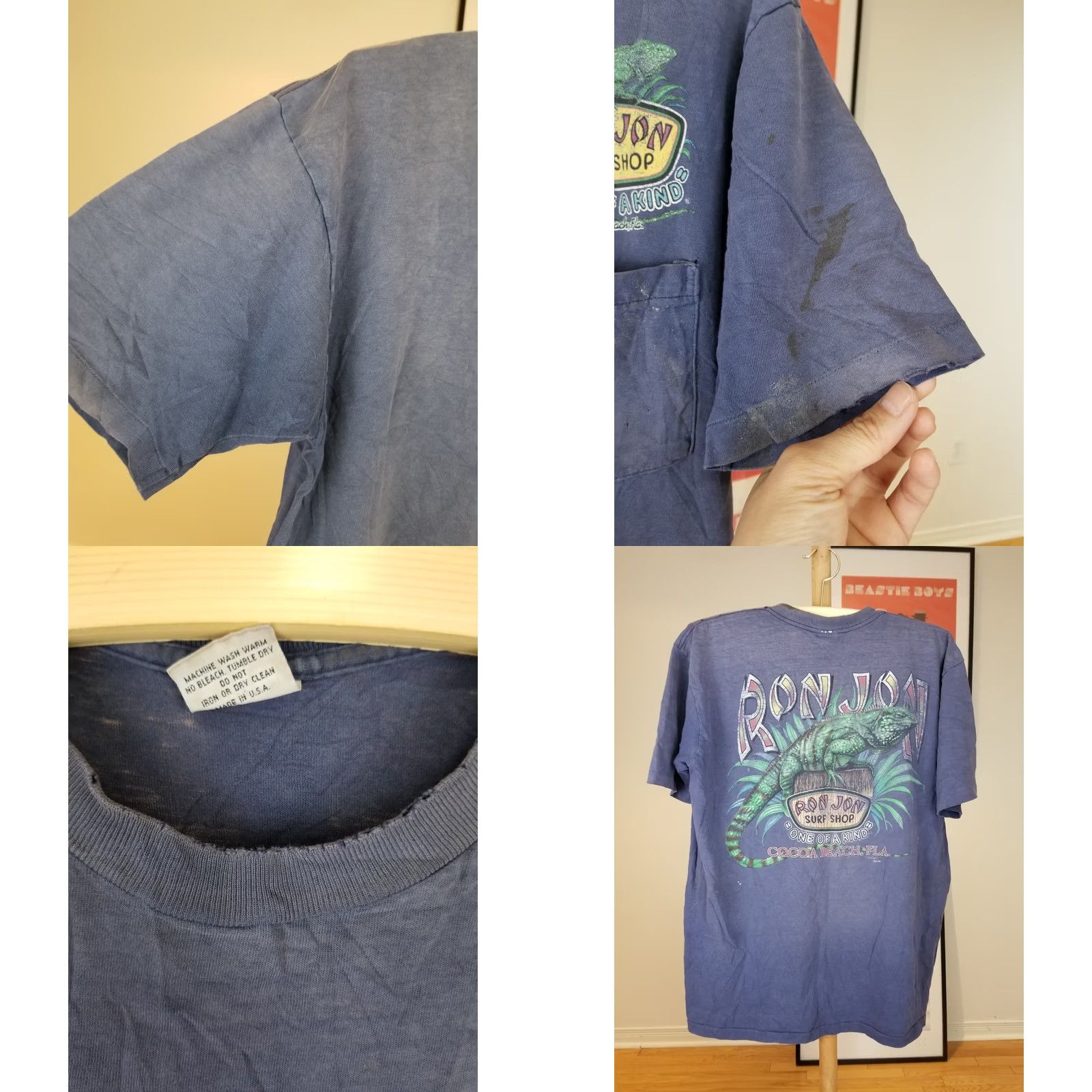 Ron Jon Surf Shop VINTAGE 90's Ron Jon Surf T-Shirt Gradient Sun Faded Trashed One Pocket Large Mens Blue Size US L / EU 52-54 / 3 - 8 Thumbnail