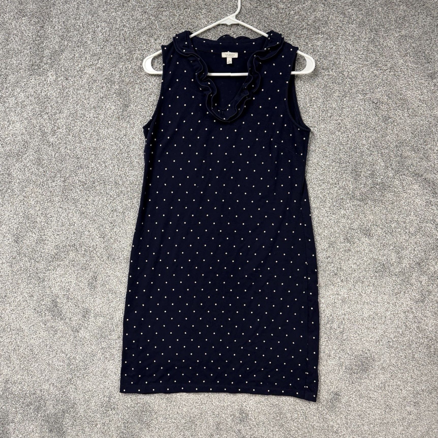 Talbots Talbots Dress Petite Small Polka Dot Ruffle Trim Retro Office Chic Sleeveless V-Neck Knee Length Cotton Spandex Sheath Blue Womens Size S / US 4 / IT 40 - 2 Thumbnail